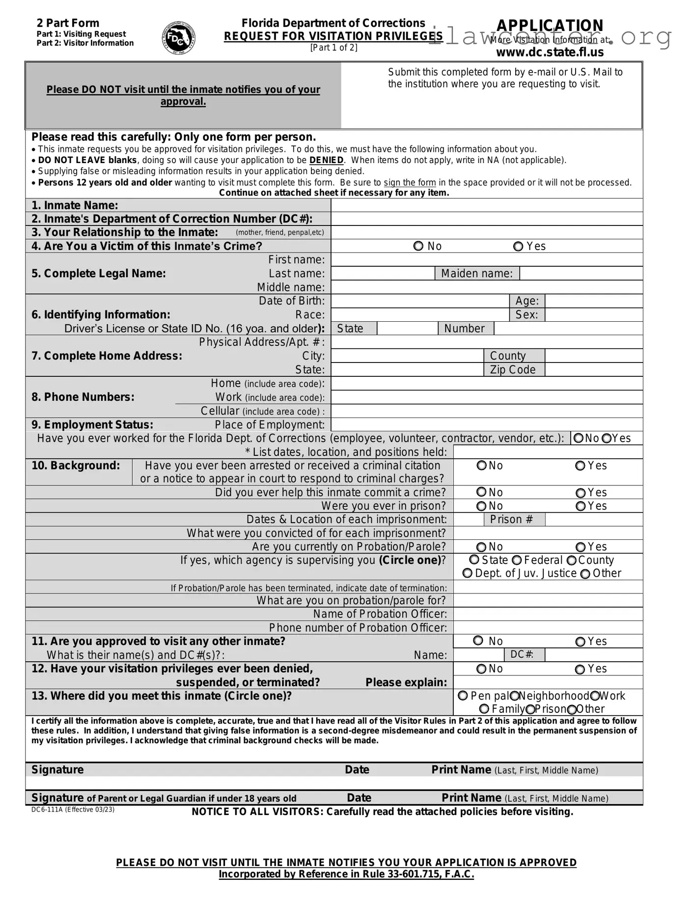 Department Of Corrections Visitation Florida PDF Template