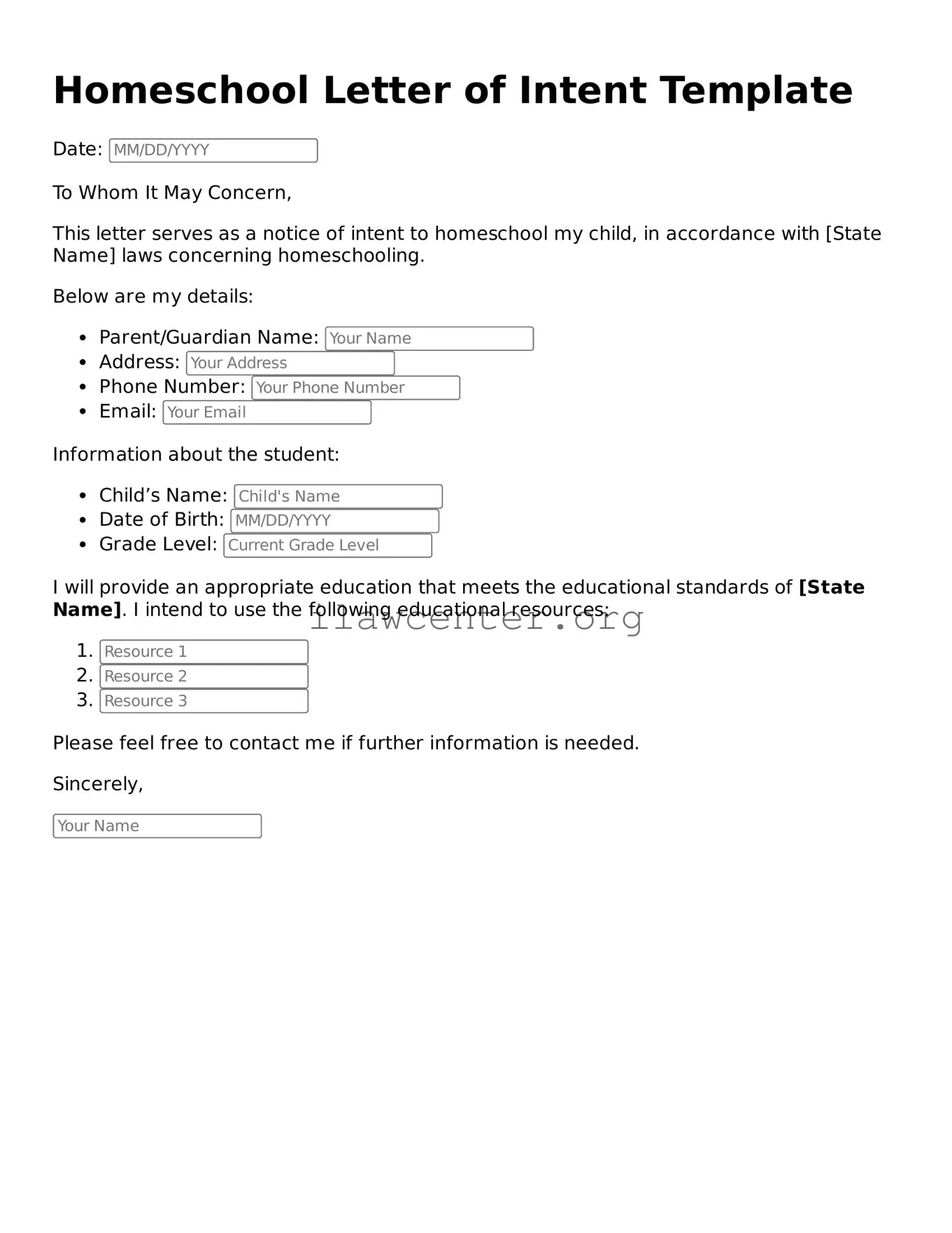 Fillable Homeschool Letter of Intent Document