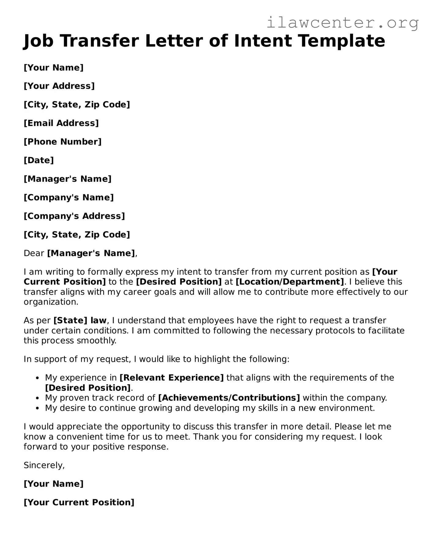 Fillable Job Transfer Letter of Intent Document