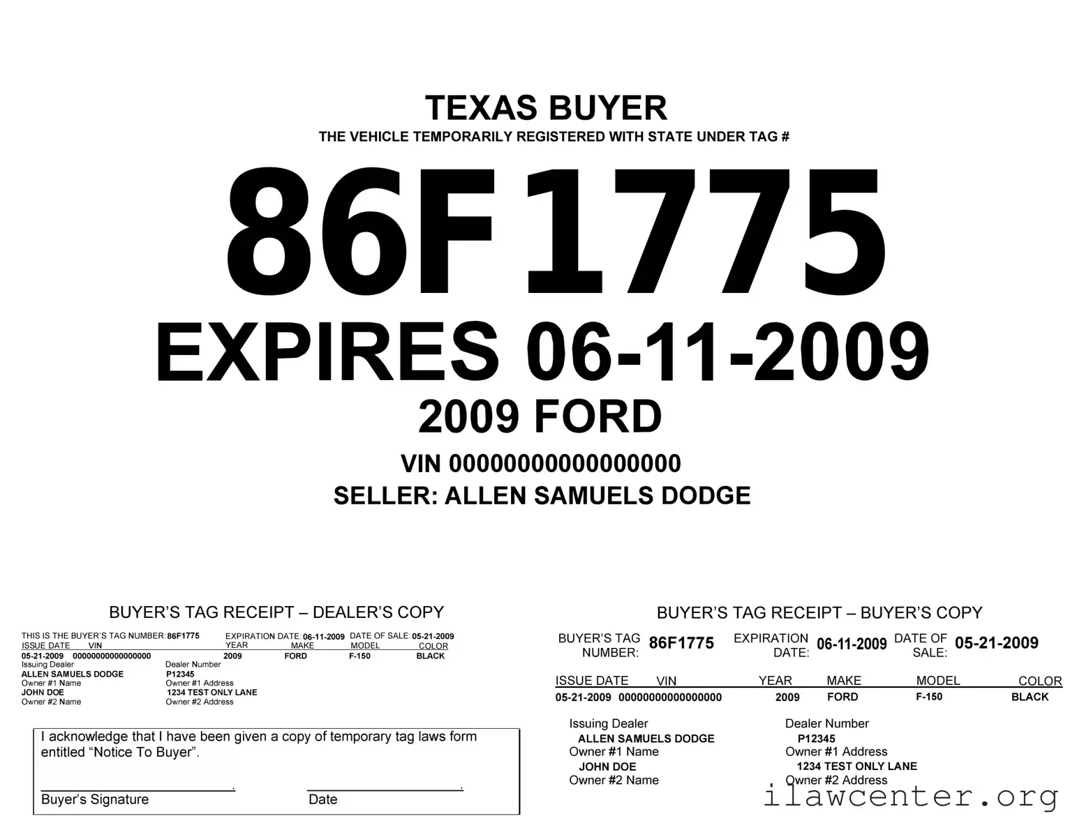 Texas Temporary Tag PDF Template