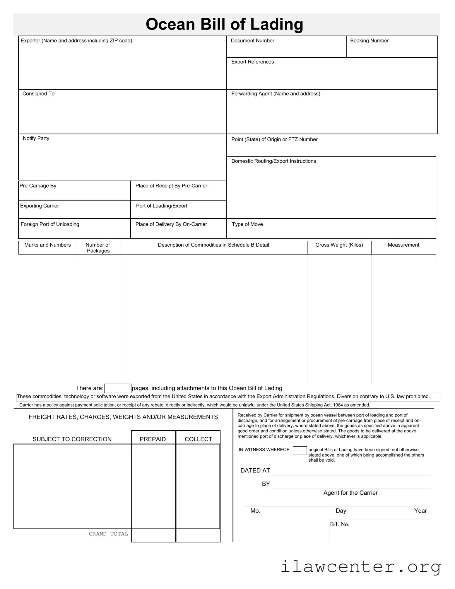 Sample Ocean Bill Of Lading PDF Template