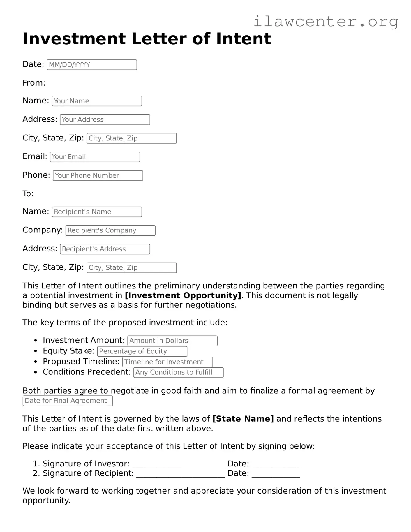 Fillable Investment Letter of Intent Document