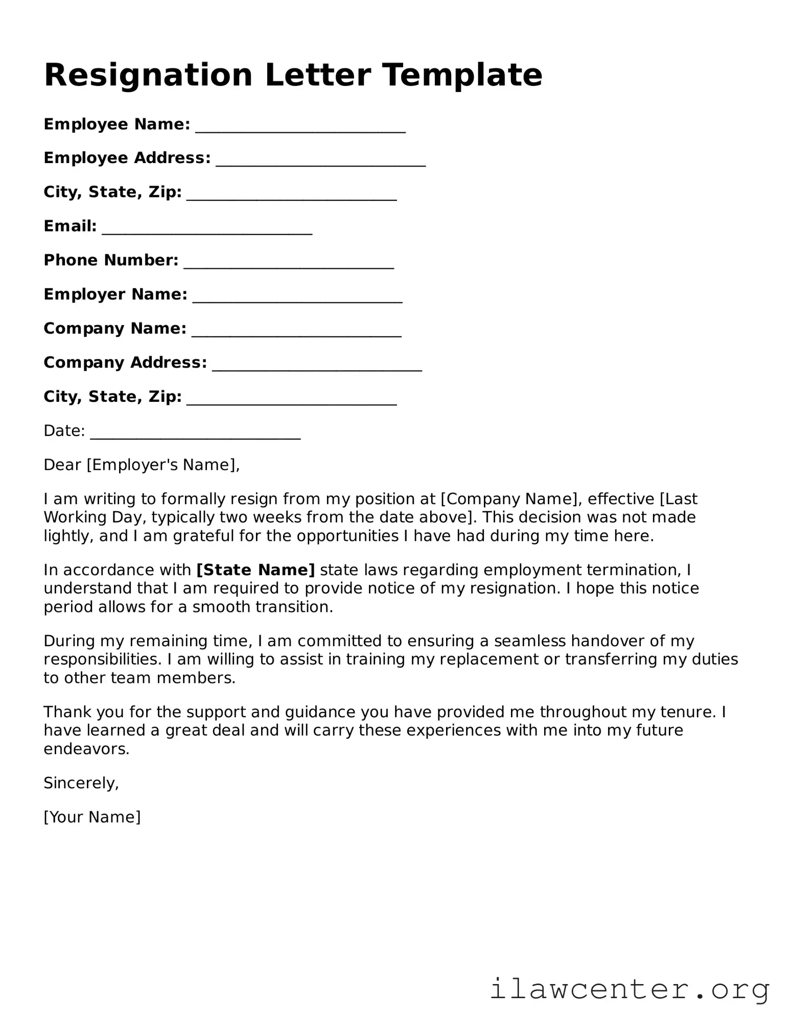 Fillable Resignation Letter Document
