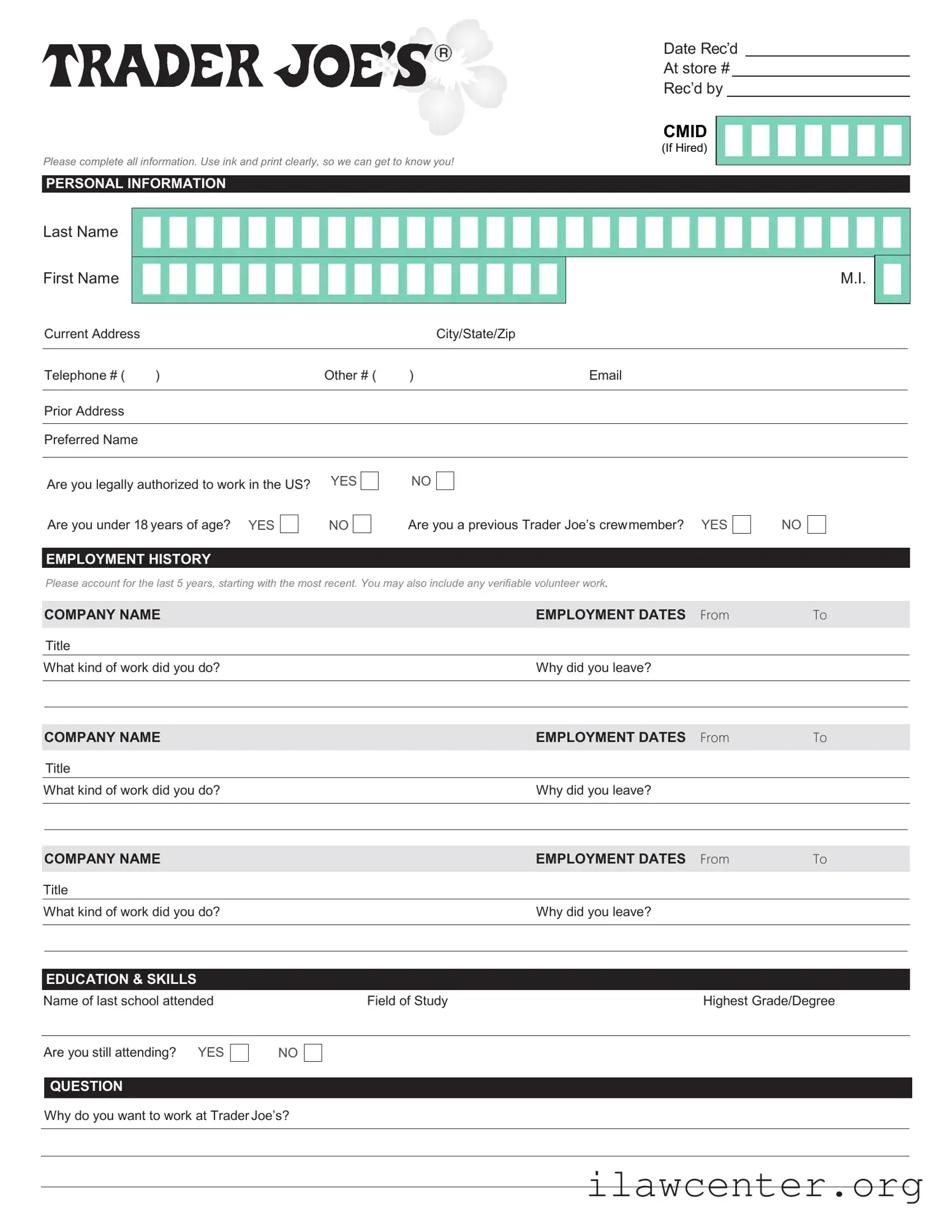 Trader Joe's application PDF Template