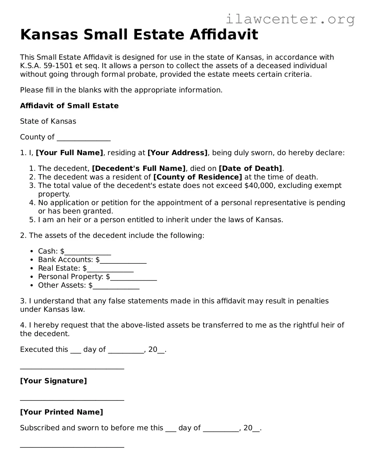 Attorney-Verified  Small Estate Affidavit Document for Kansas