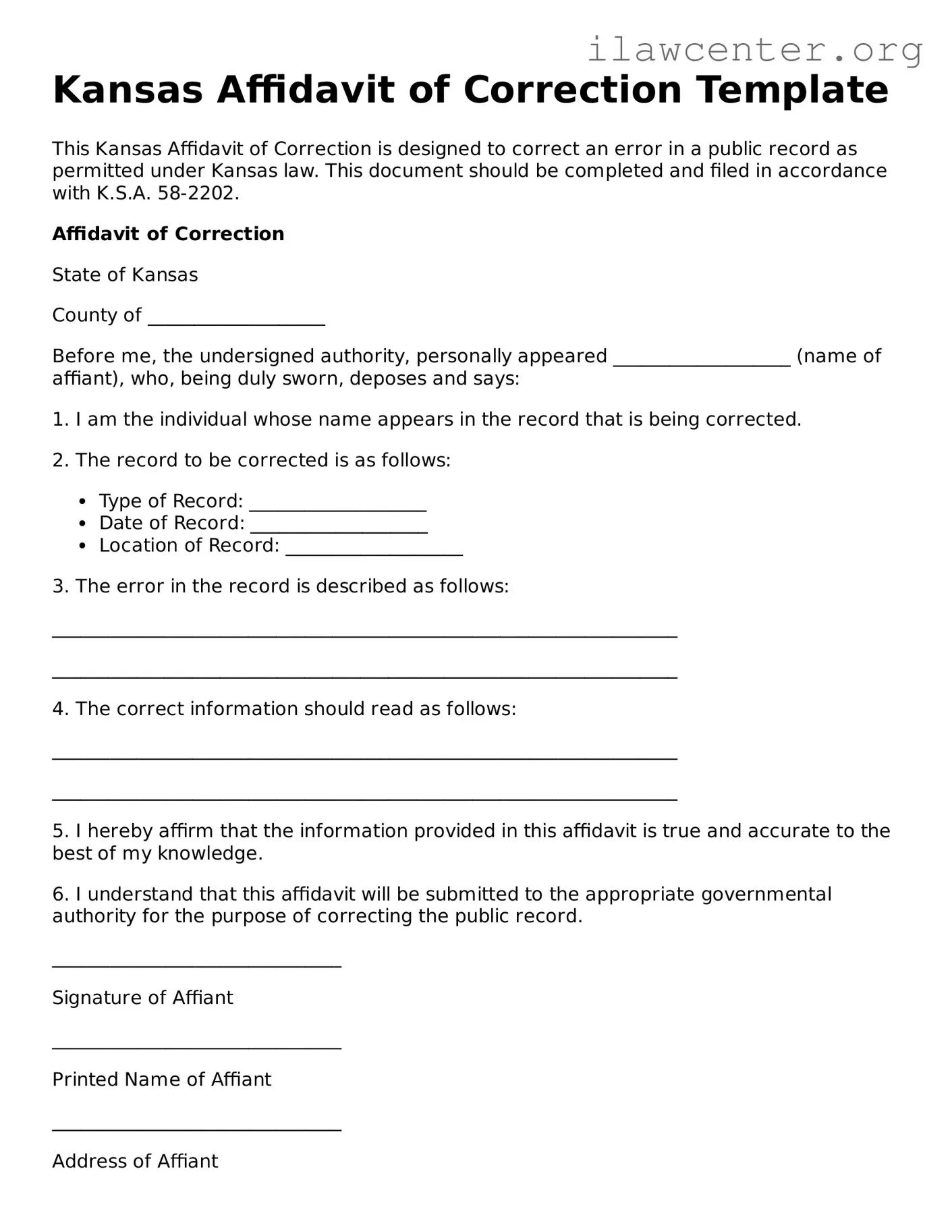 Attorney-Verified  Affidavit of Correction Document for Kansas
