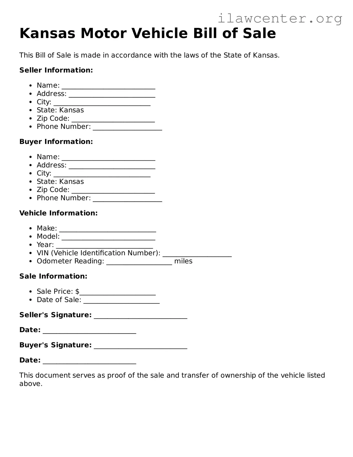 Attorney-Verified  Motor Vehicle Bill of Sale Document for Kansas