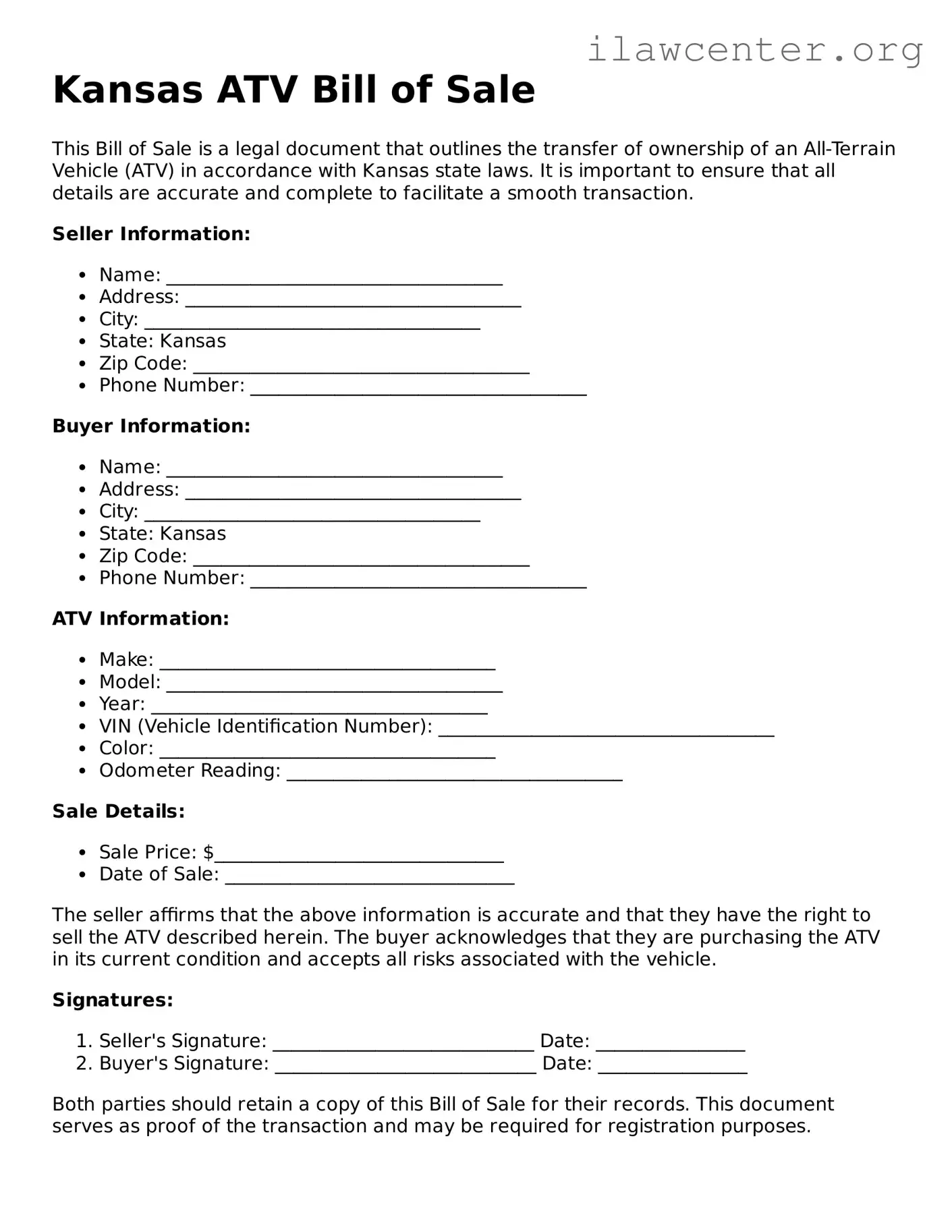 Attorney-Verified  ATV Bill of Sale Document for Kansas