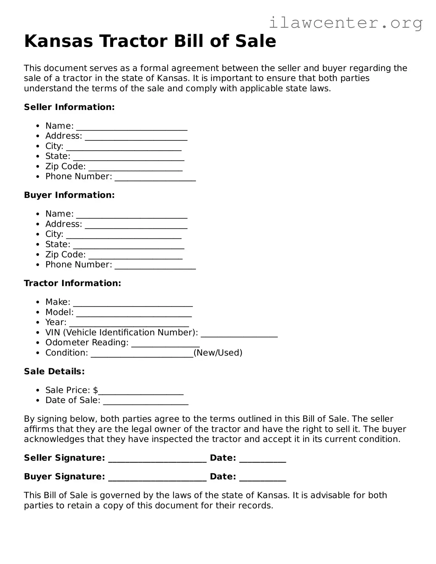 Attorney-Verified  Tractor Bill of Sale Document for Kansas