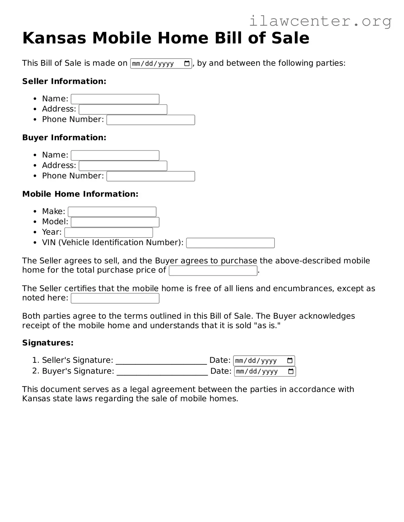 Attorney-Verified  Mobile Home Bill of Sale Document for Kansas