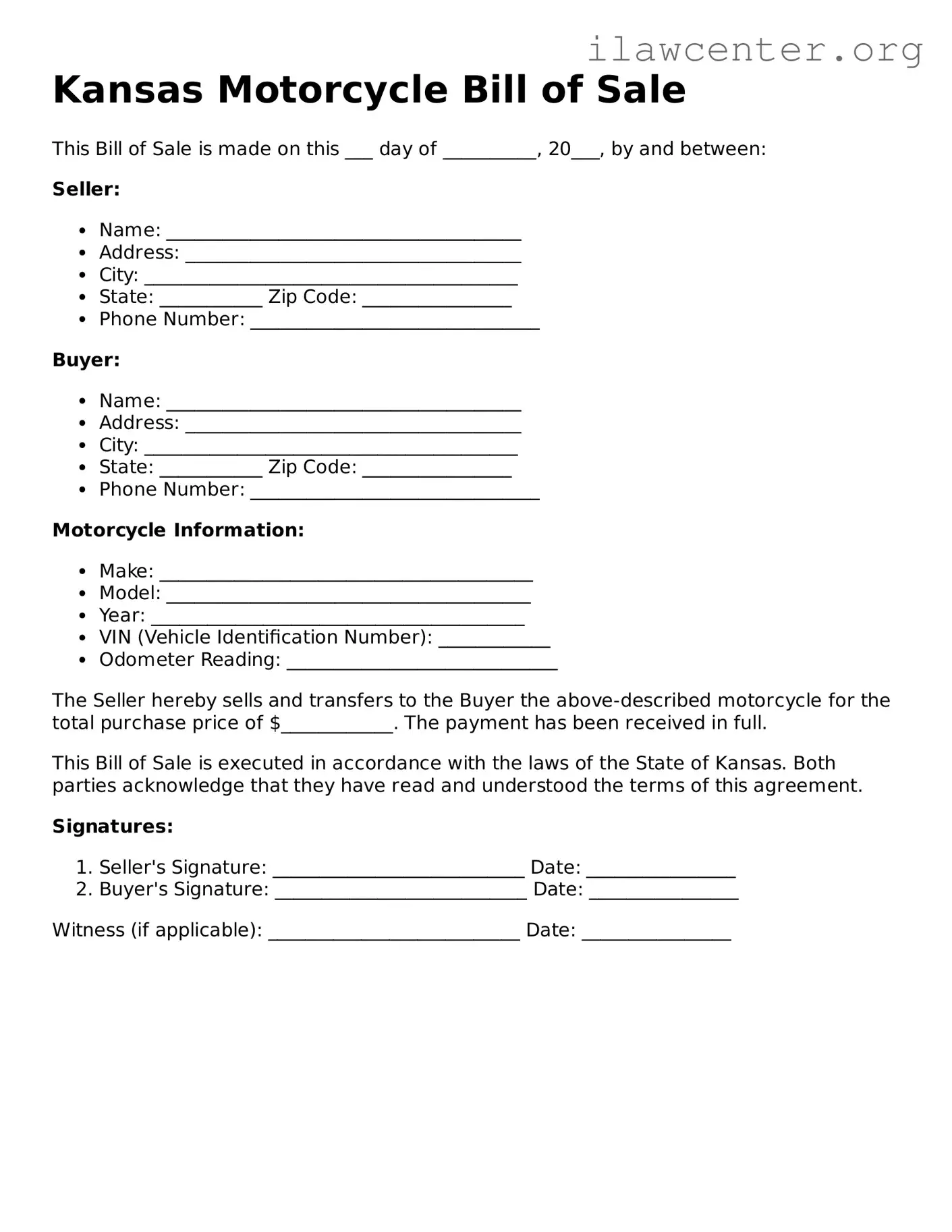 Attorney-Verified  Motorcycle Bill of Sale Document for Kansas