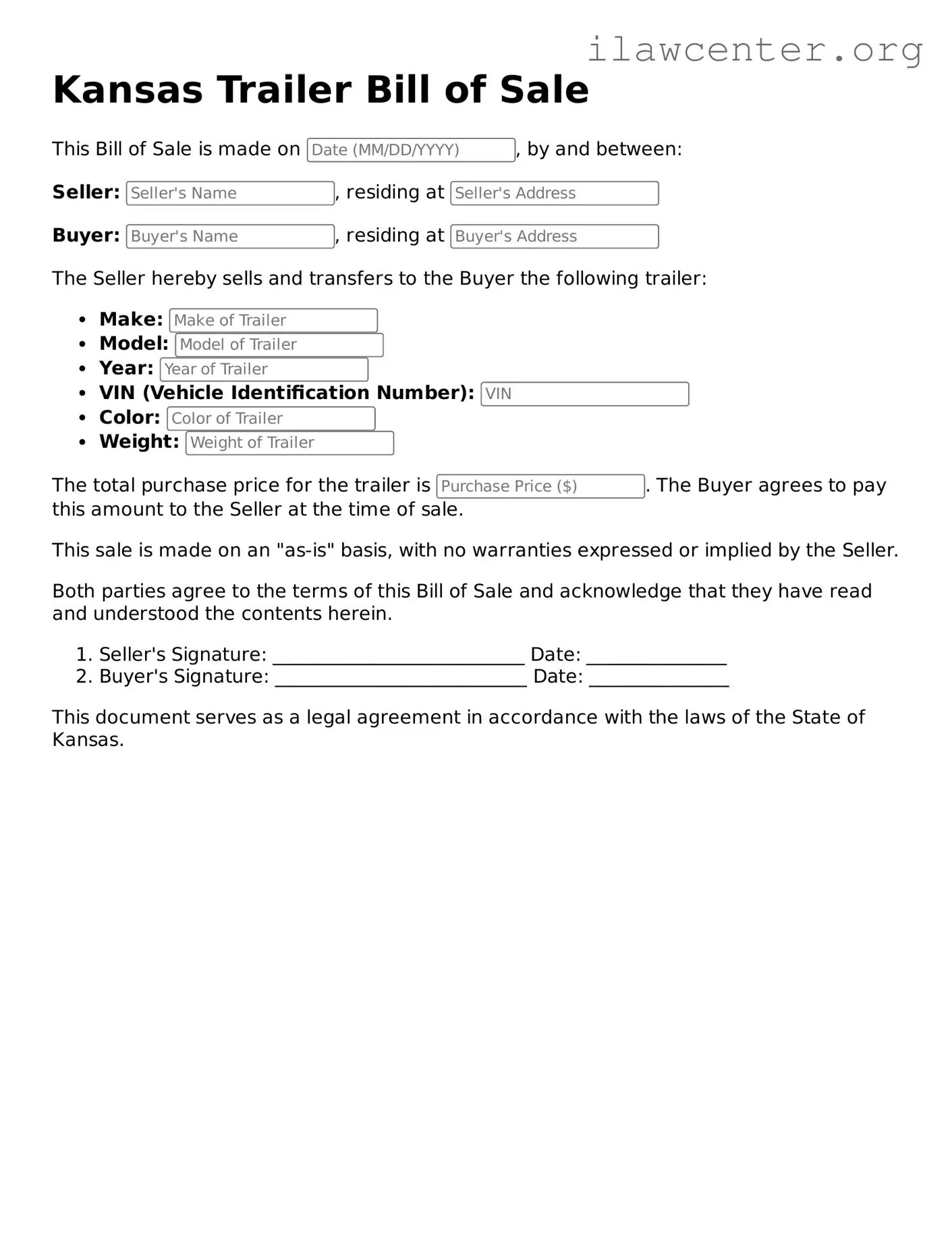 Attorney-Verified  Trailer Bill of Sale Document for Kansas