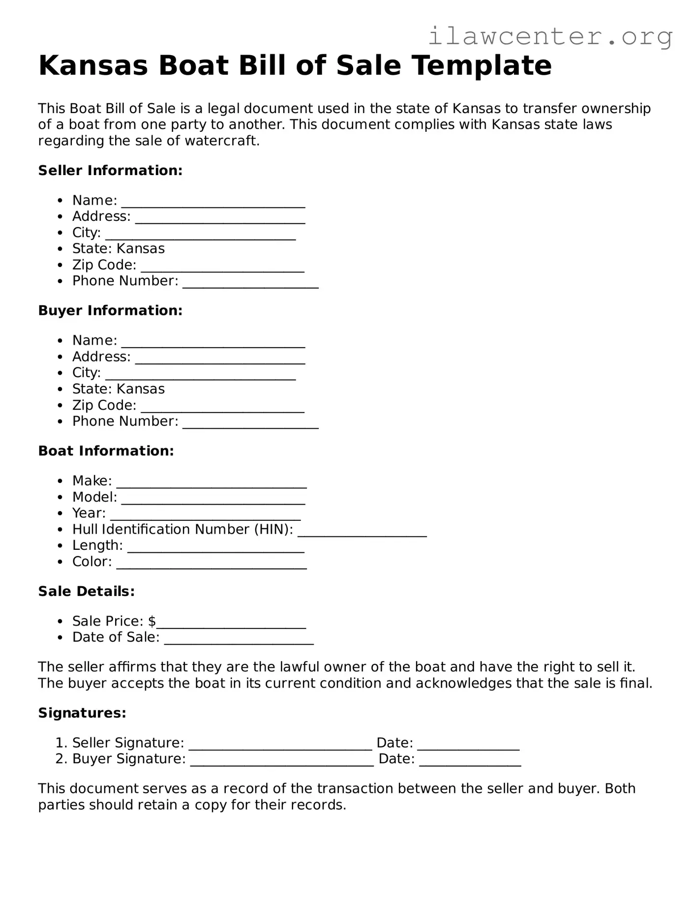 Attorney-Verified  Boat Bill of Sale Document for Kansas