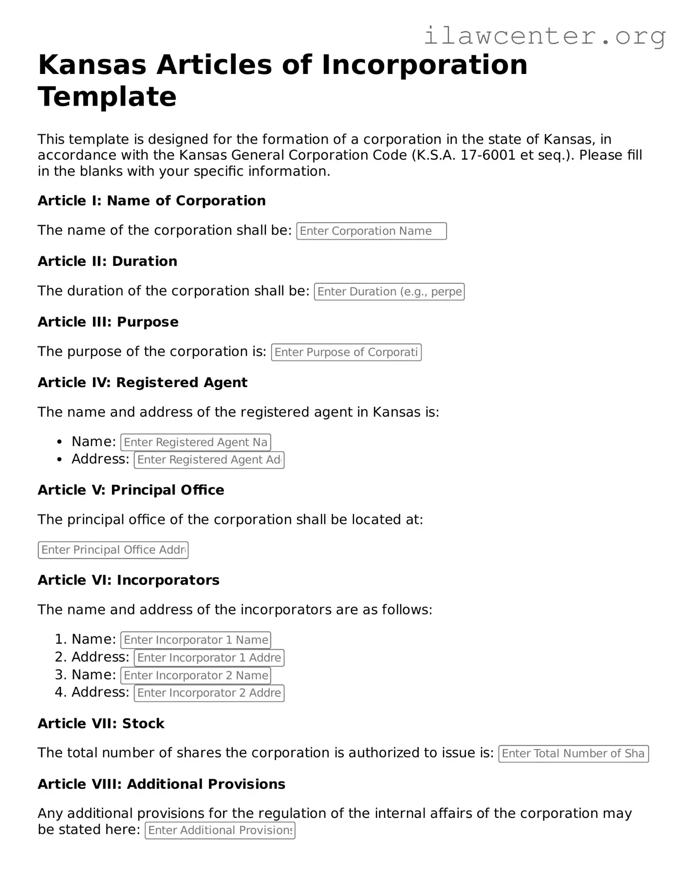 Attorney-Verified  Articles of Incorporation Document for Kansas