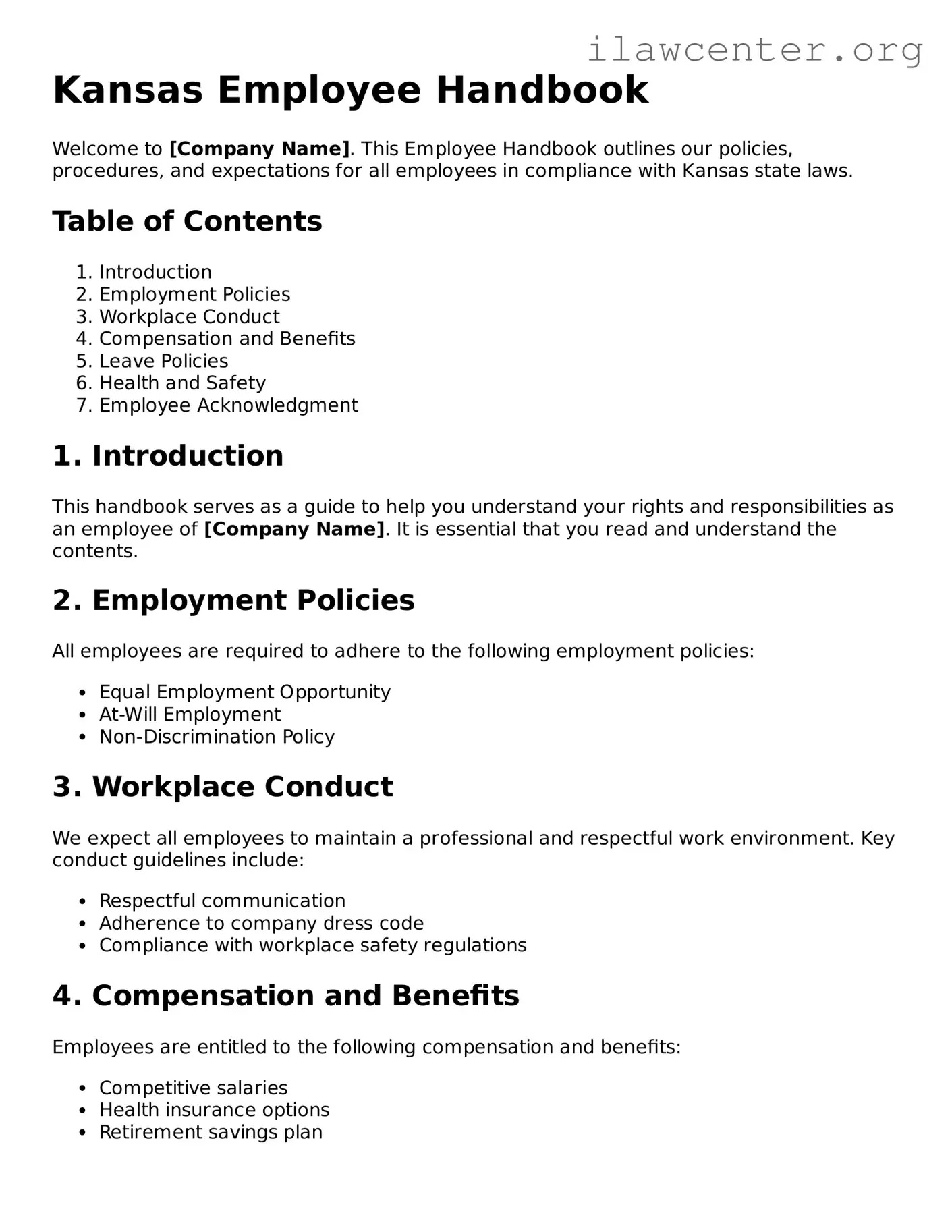 Attorney-Verified  Employee Handbook Document for Kansas