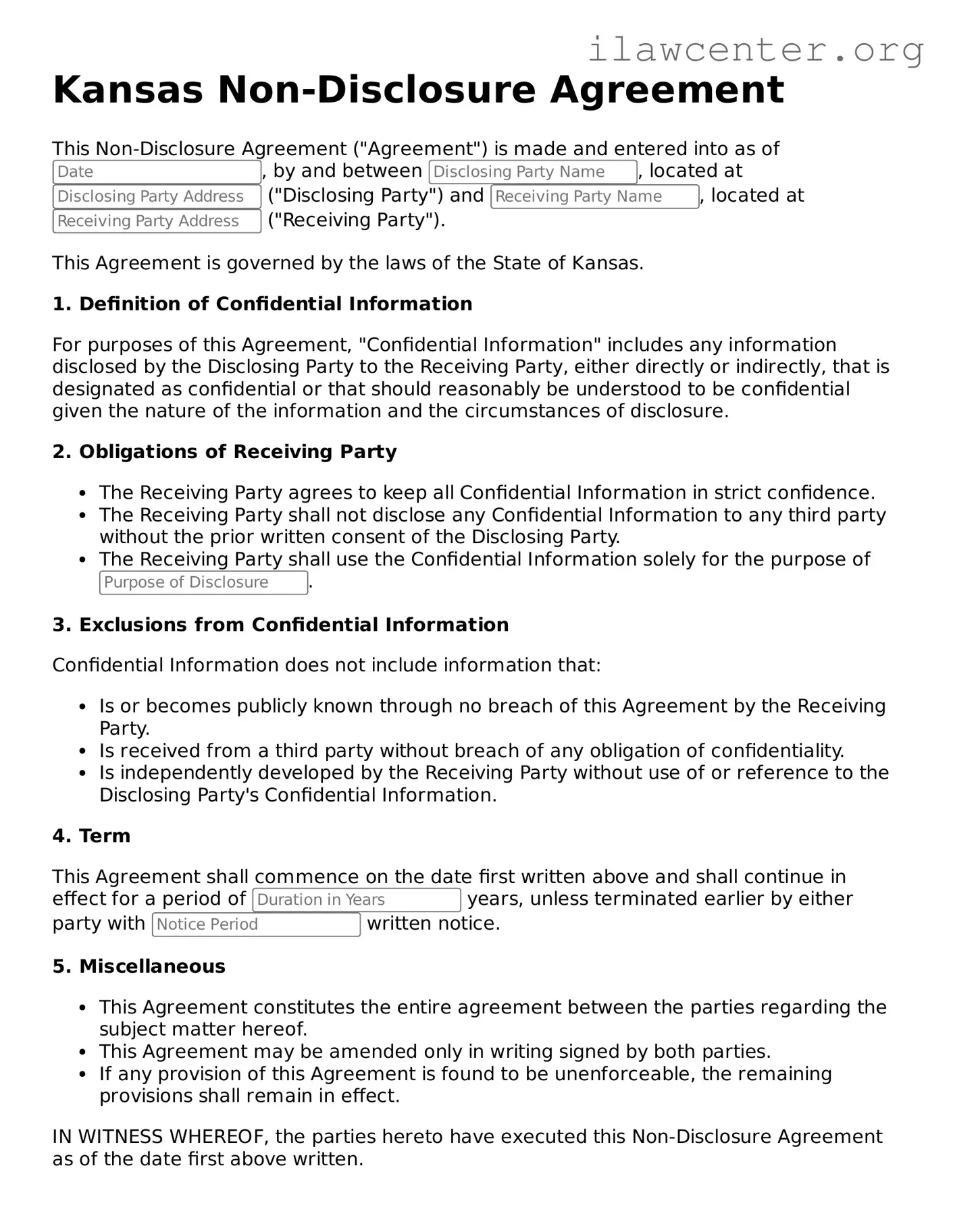 Attorney-Verified  Non-disclosure Agreement Document for Kansas