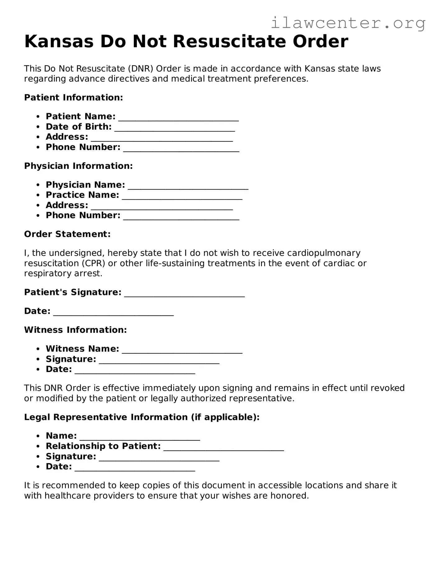 Attorney-Verified  Do Not Resuscitate Order Document for Kansas