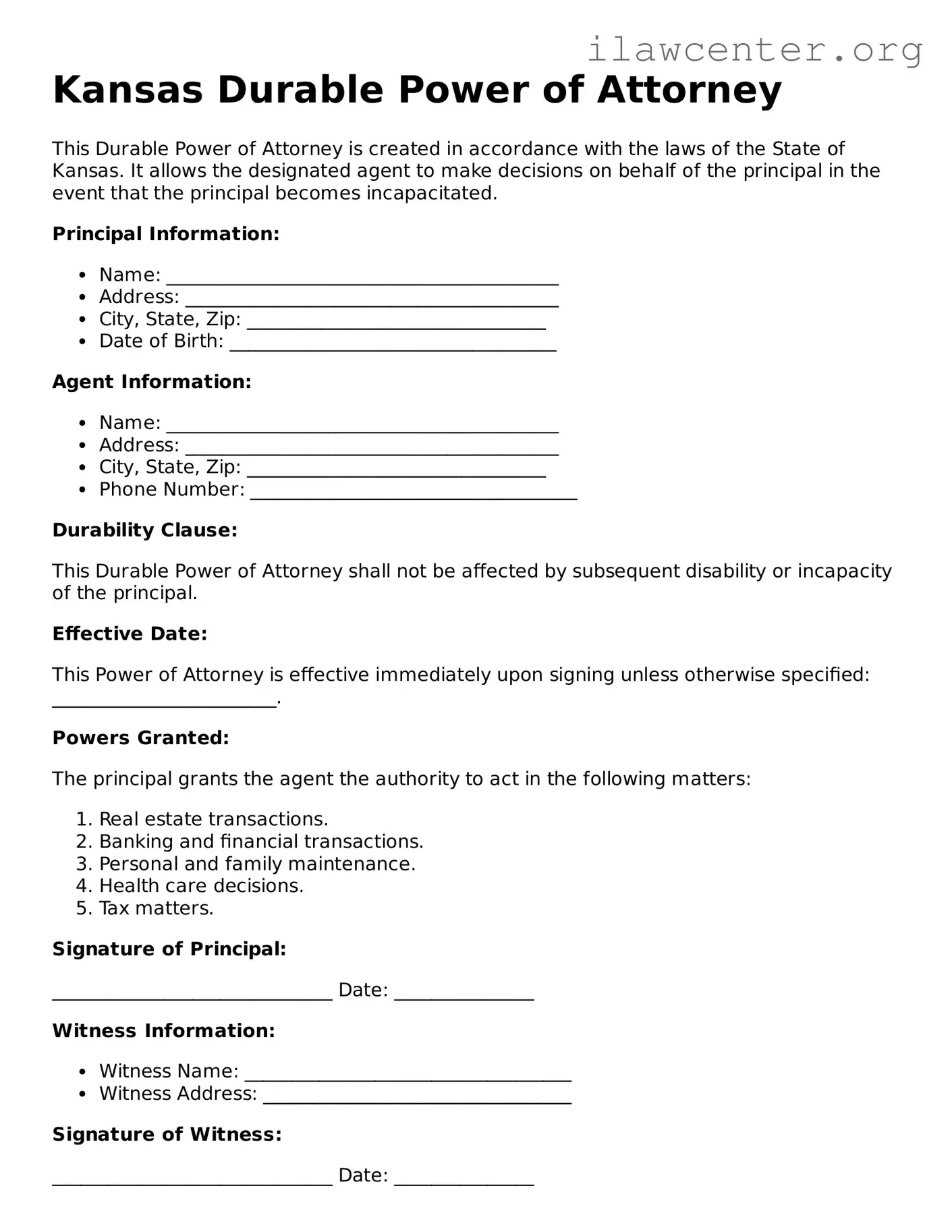 Attorney-Verified  Durable Power of Attorney Document for Kansas