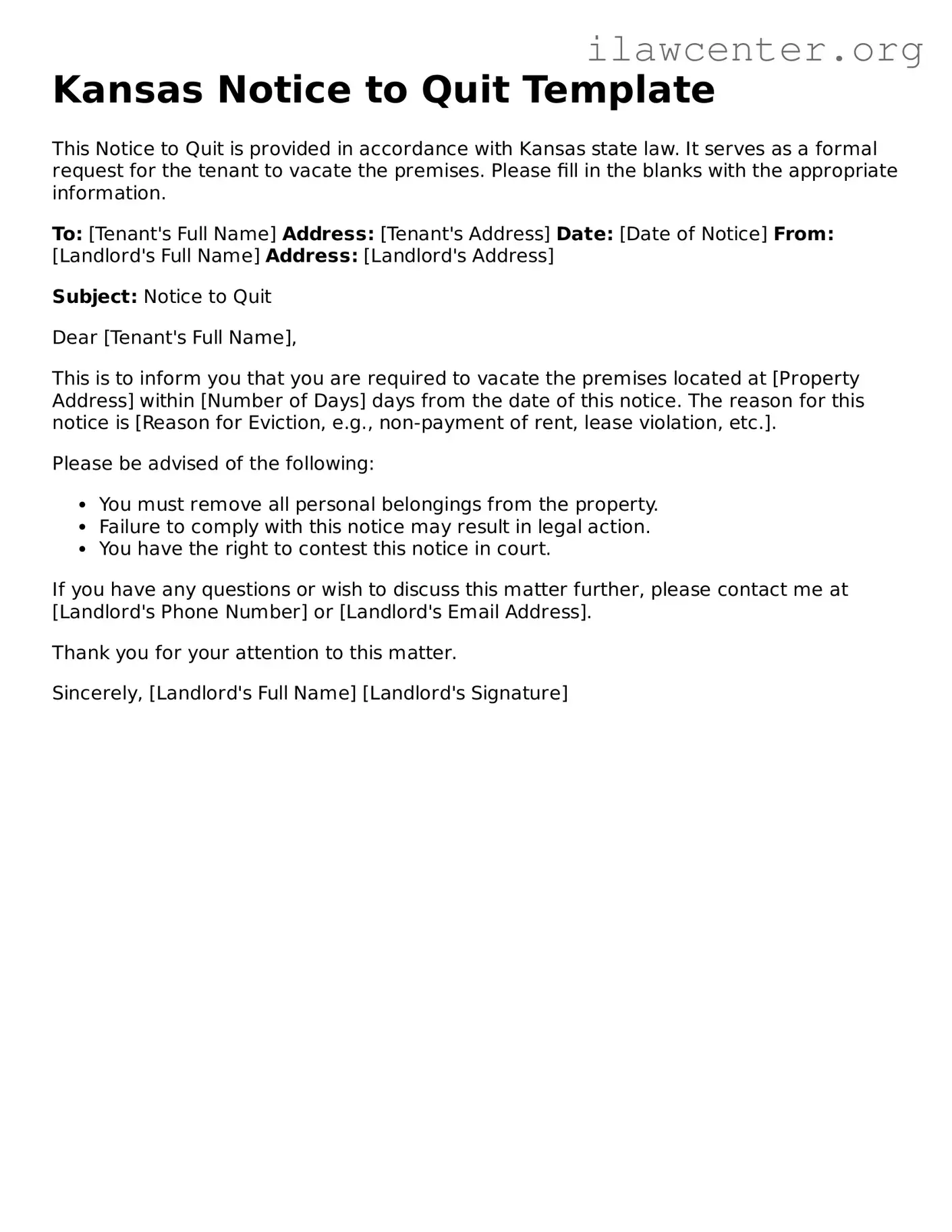 Attorney-Verified  Notice to Quit Document for Kansas