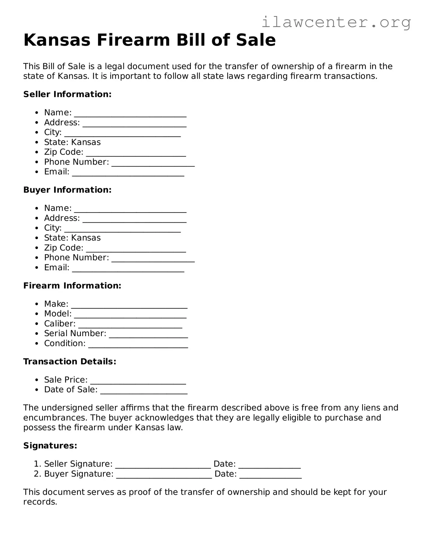 Attorney-Verified  Firearm Bill of Sale Document for Kansas