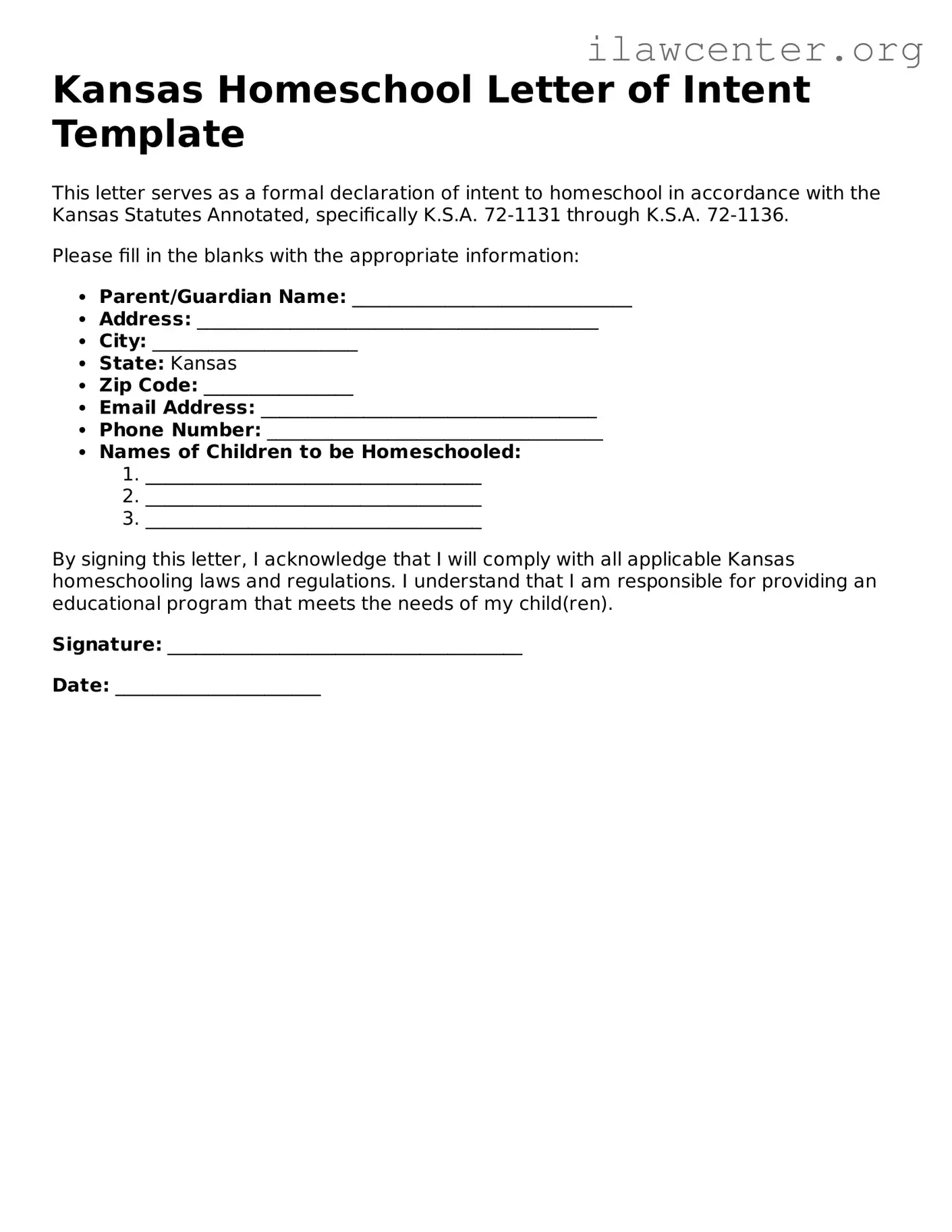 Attorney-Verified  Homeschool Letter of Intent Document for Kansas