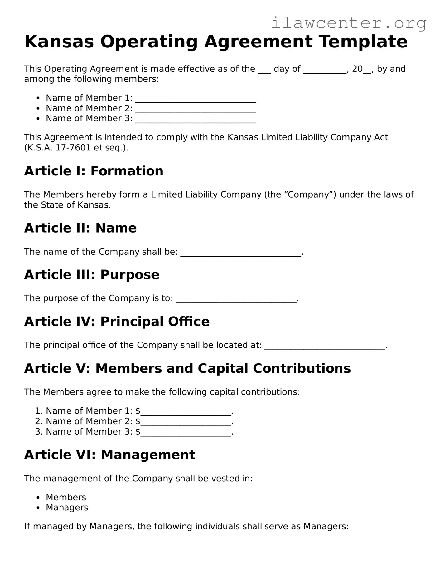 Attorney-Verified  Operating Agreement Document for Kansas