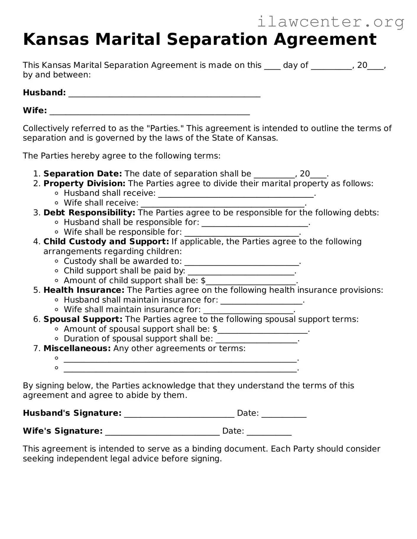 Attorney-Verified  Marital Separation Agreement Document for Kansas