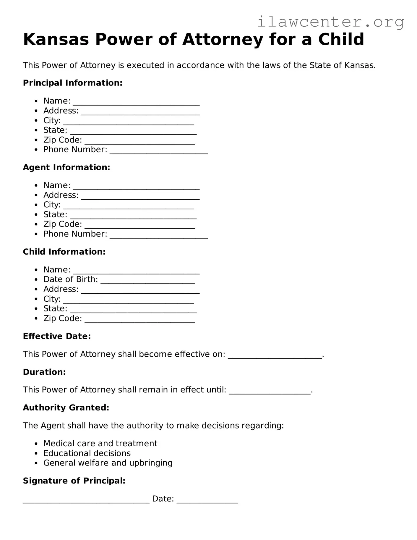 Attorney-Verified  Power of Attorney for a Child Document for Kansas