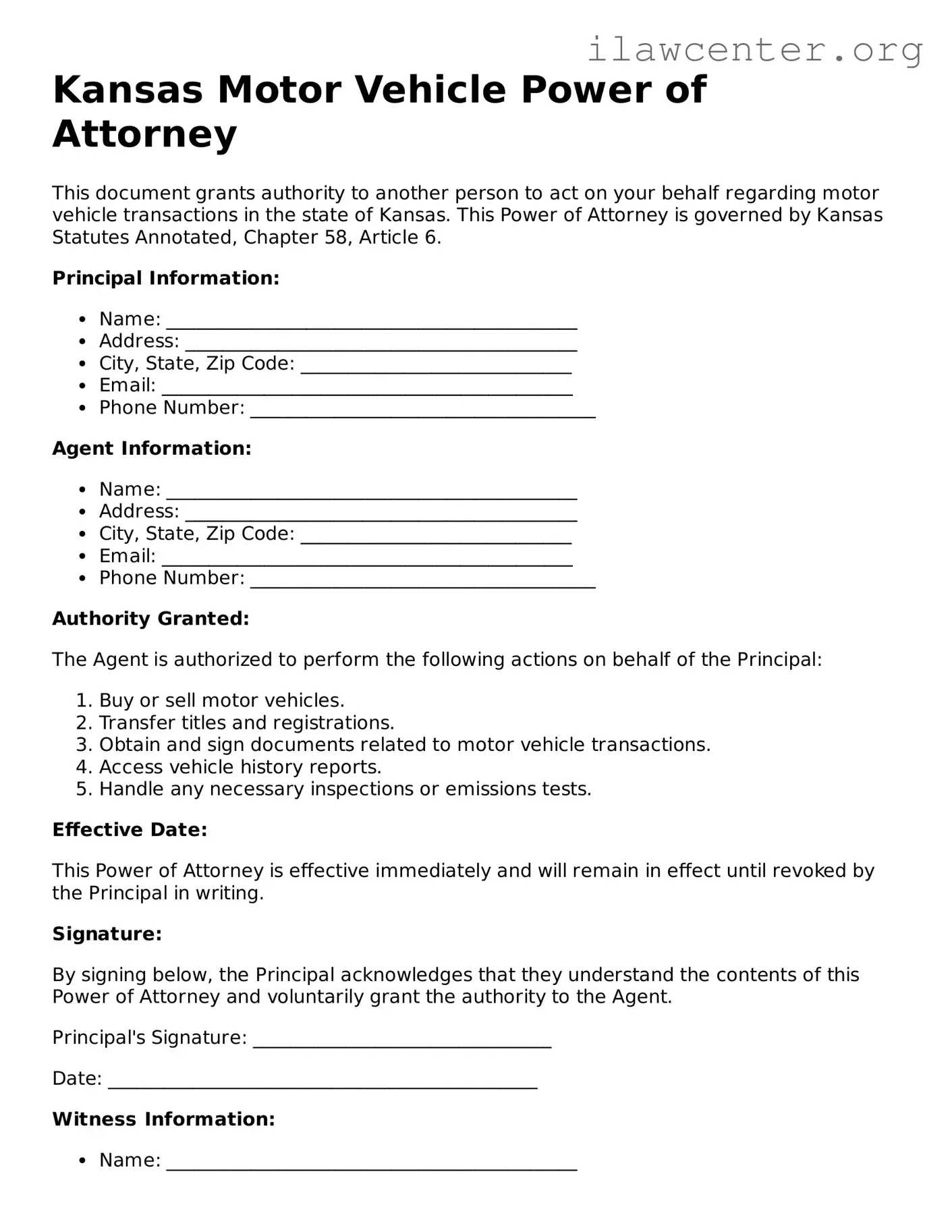 Attorney-Verified  Motor Vehicle Power of Attorney Document for Kansas