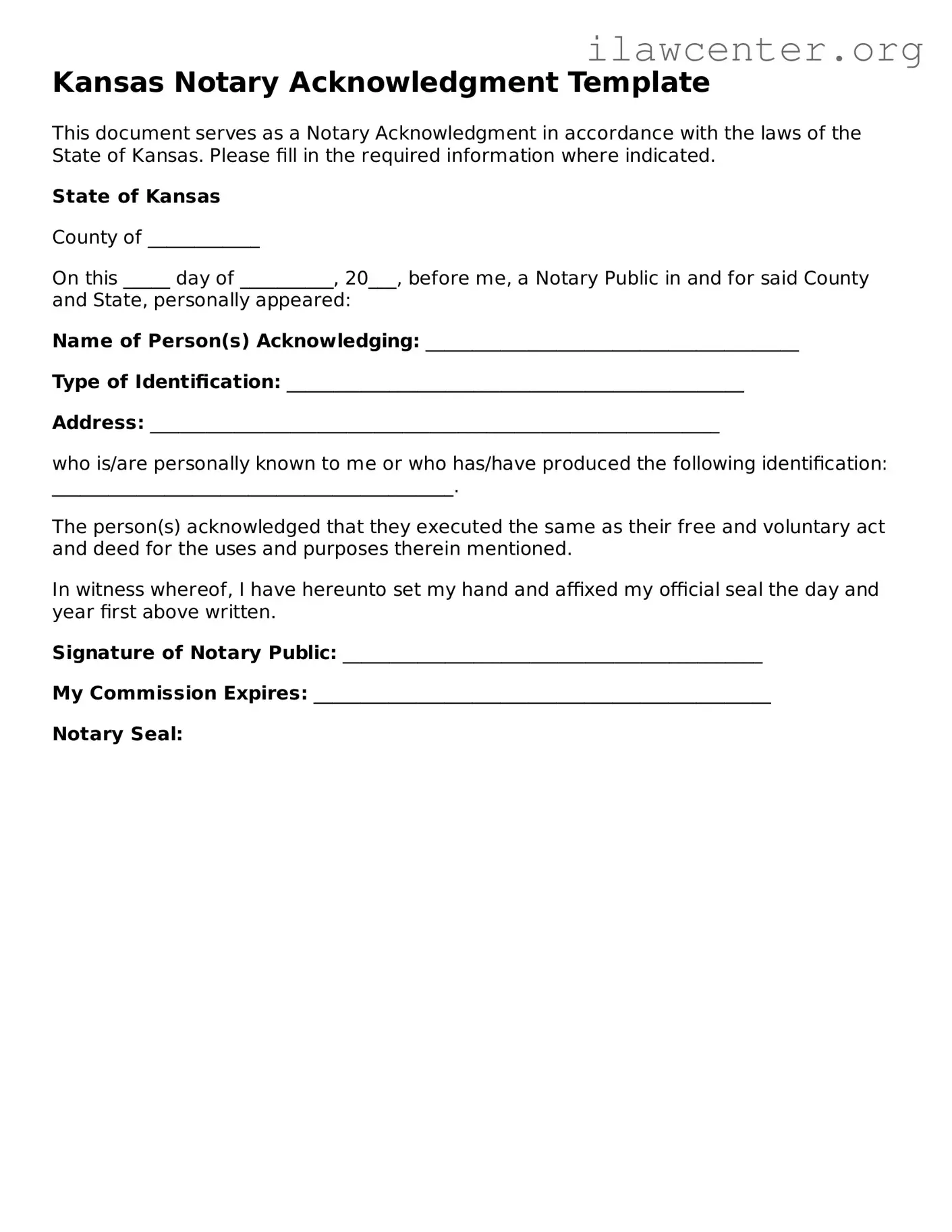 Attorney-Verified  Notary Acknowledgement Document for Kansas