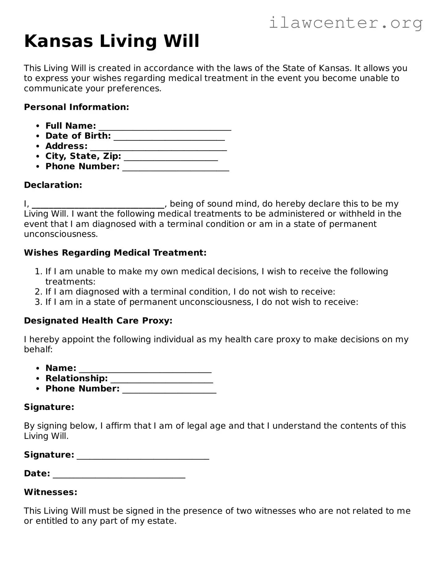 Attorney-Verified  Living Will Document for Kansas