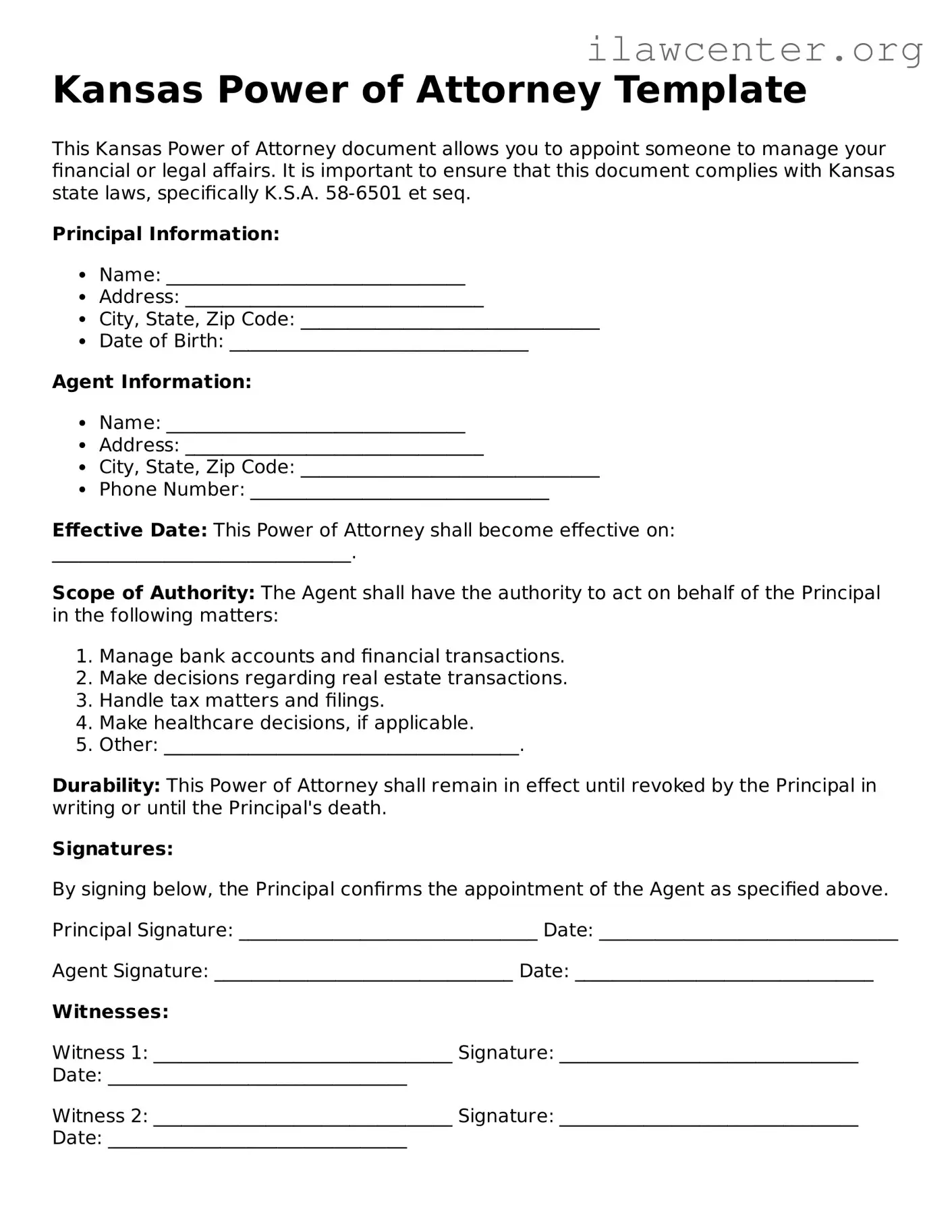 Attorney-Verified  Power of Attorney Document for Kansas