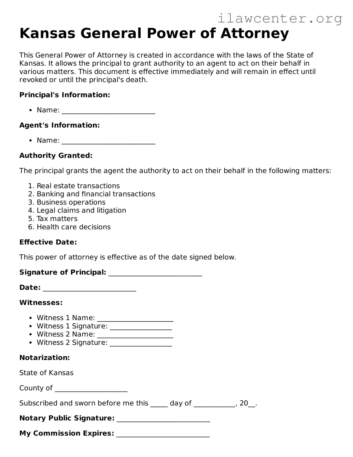 Attorney-Verified  General Power of Attorney Document for Kansas