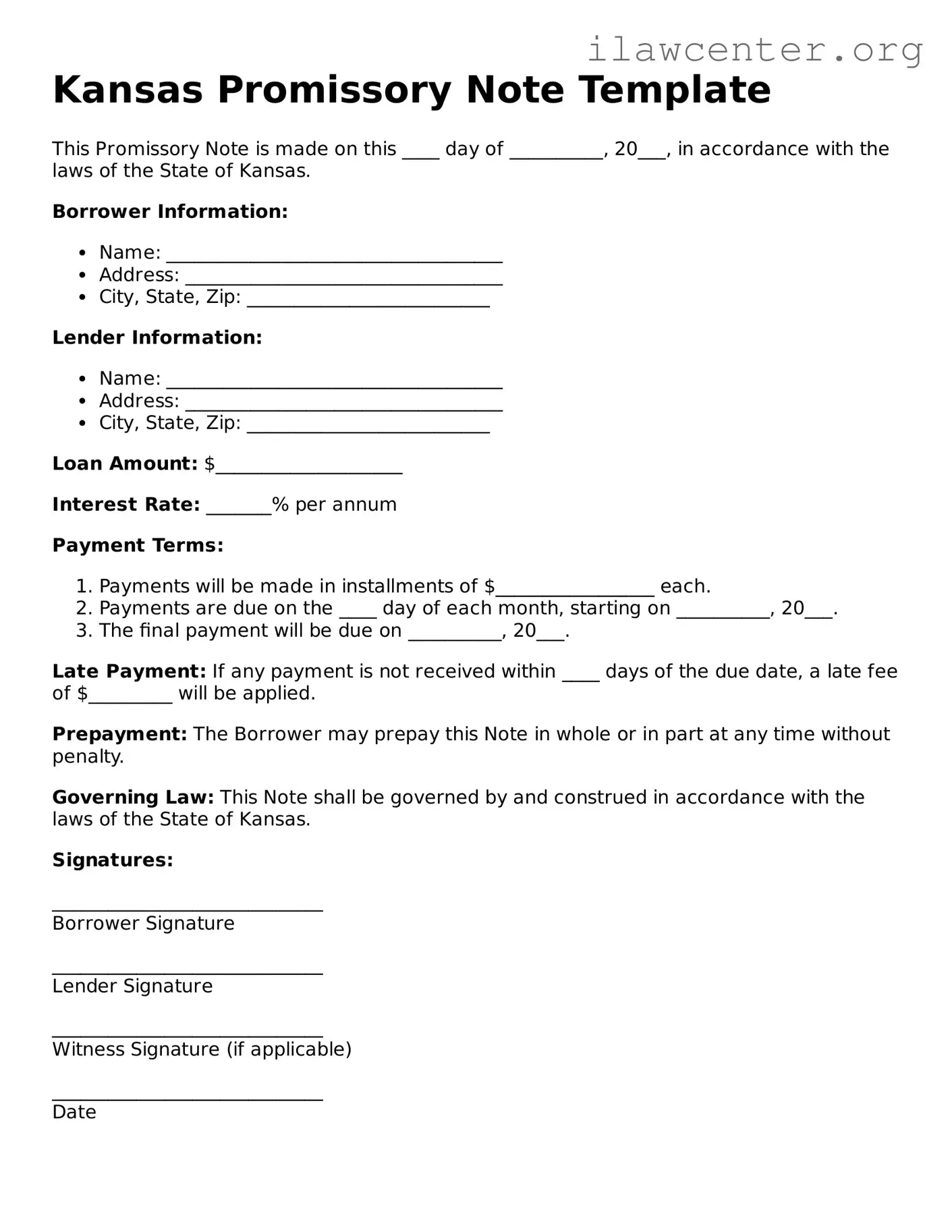 Attorney-Verified  Promissory Note Document for Kansas