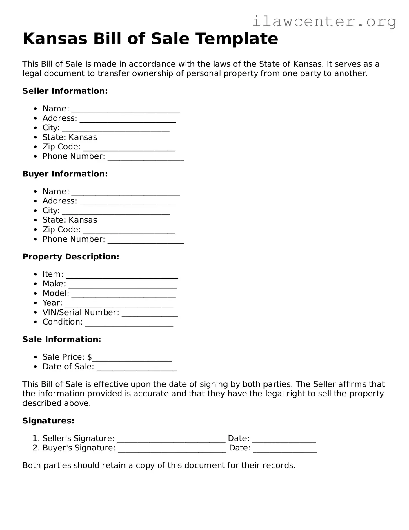 Attorney-Verified  Bill of Sale Document for Kansas