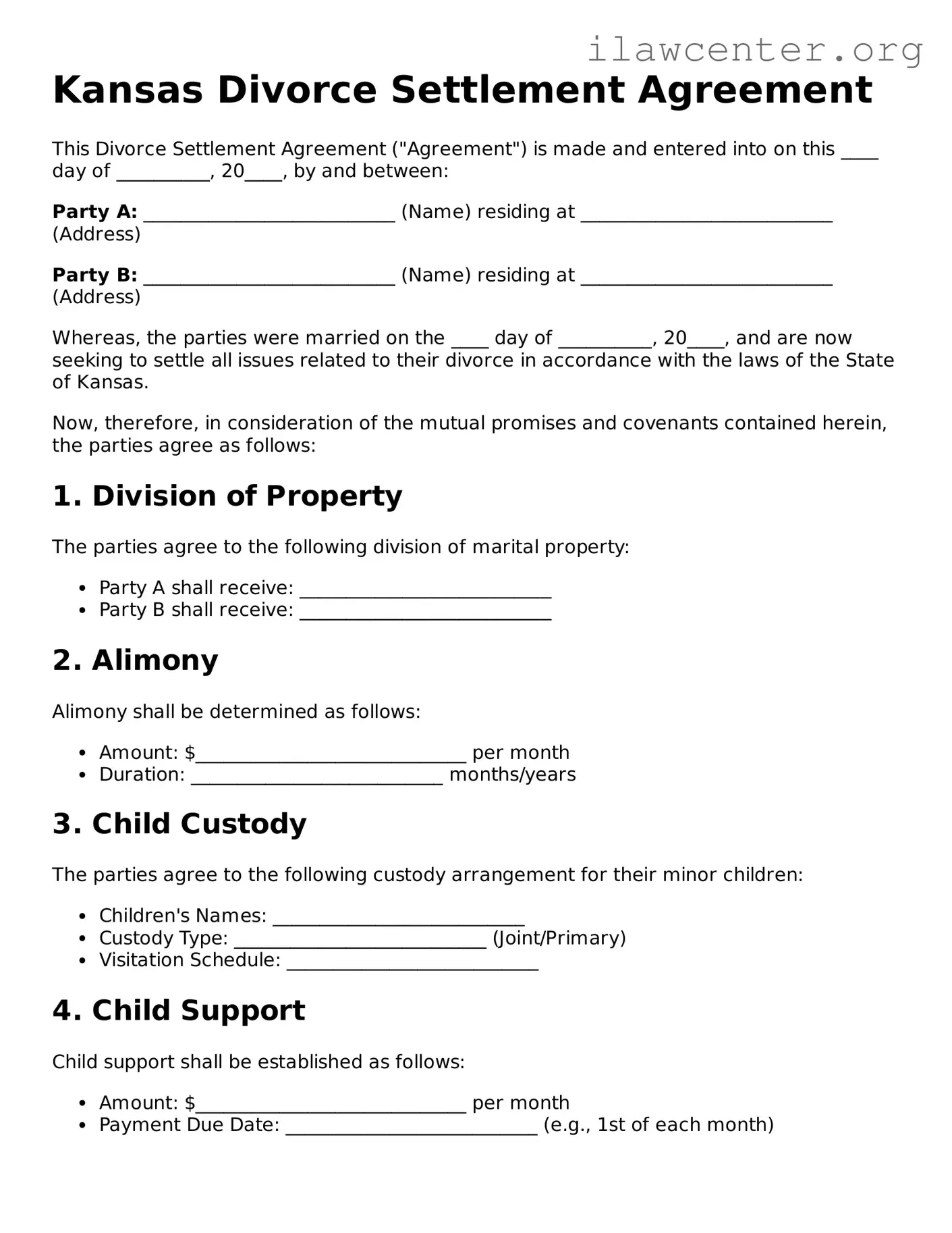 Attorney-Verified  Divorce Settlement Agreement Document for Kansas