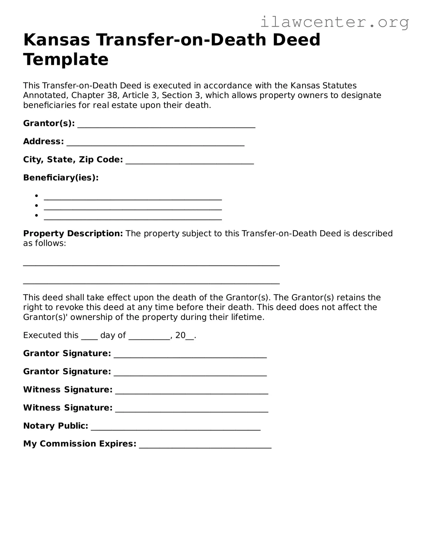 Attorney-Verified  Transfer-on-Death Deed Document for Kansas