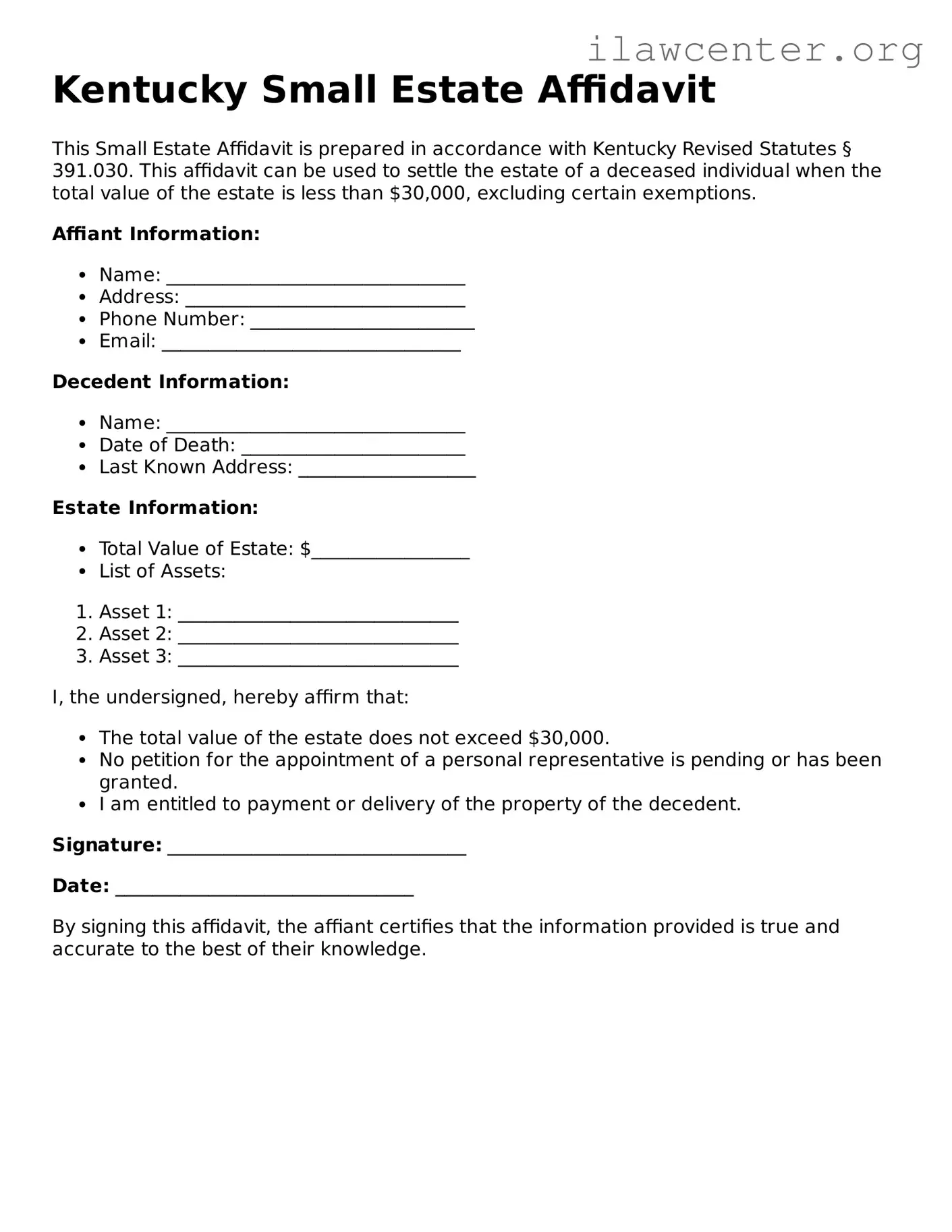 Attorney-Verified  Small Estate Affidavit Document for Kentucky