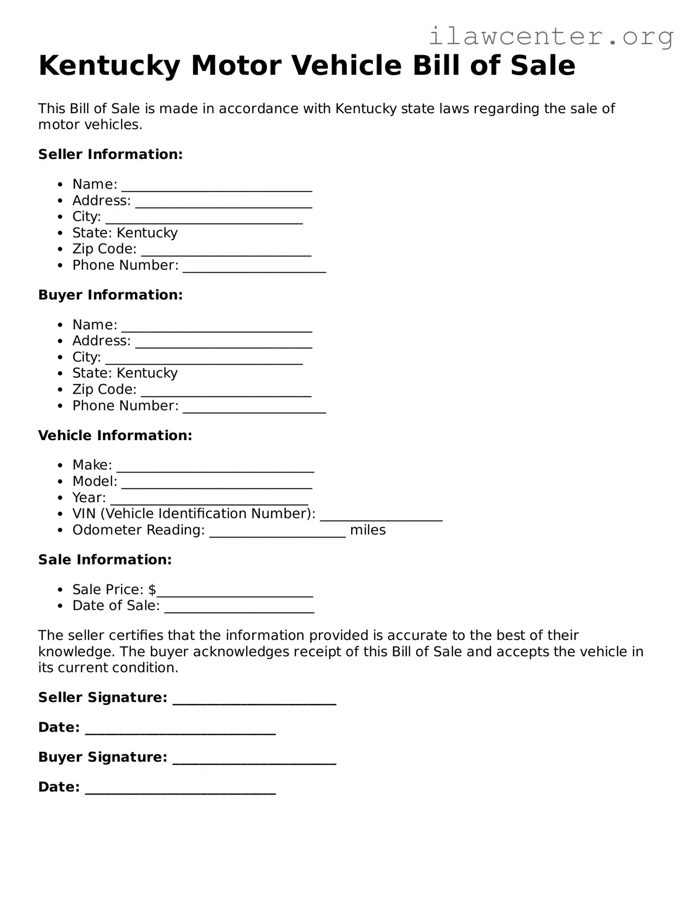 Attorney-Verified  Motor Vehicle Bill of Sale Document for Kentucky