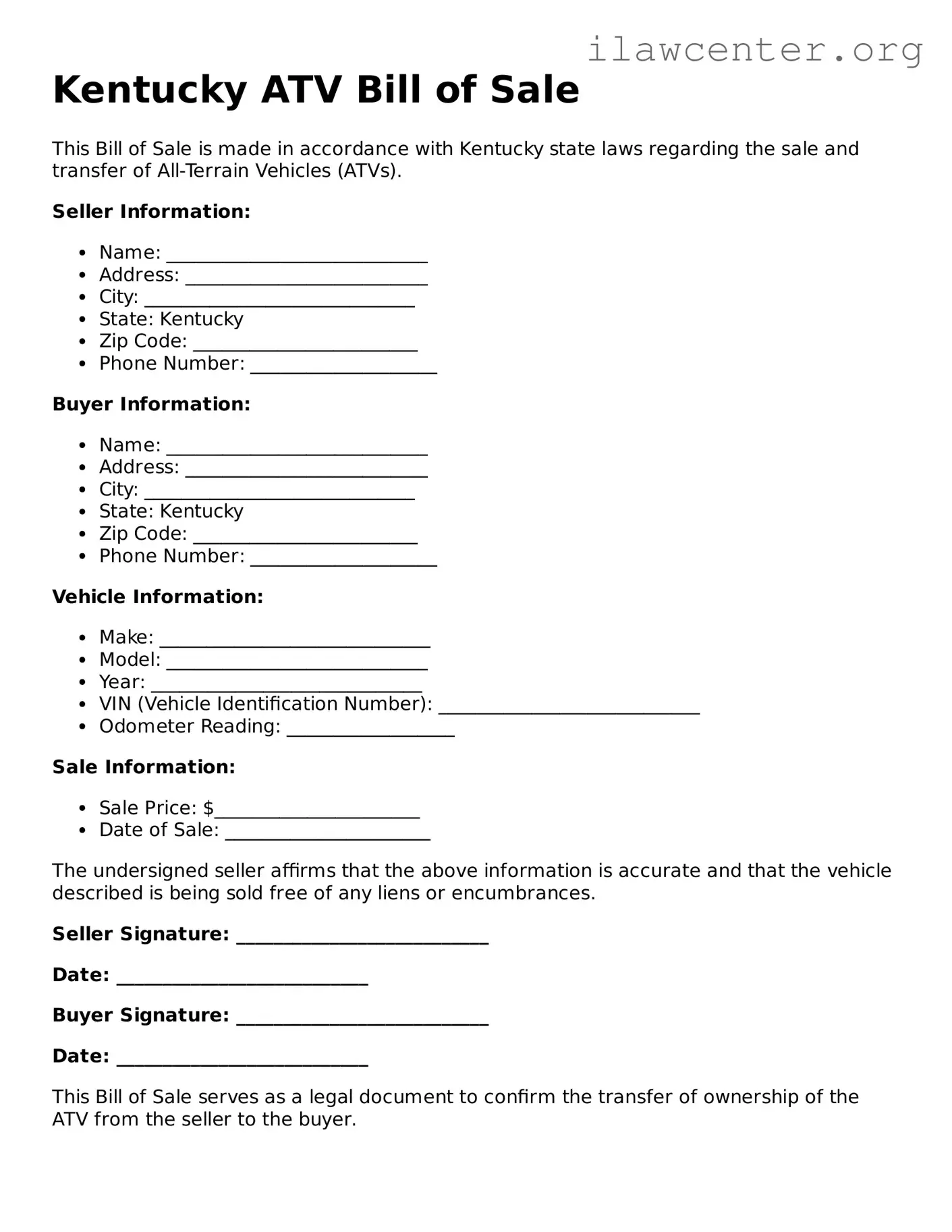 Attorney-Verified  ATV Bill of Sale Document for Kentucky