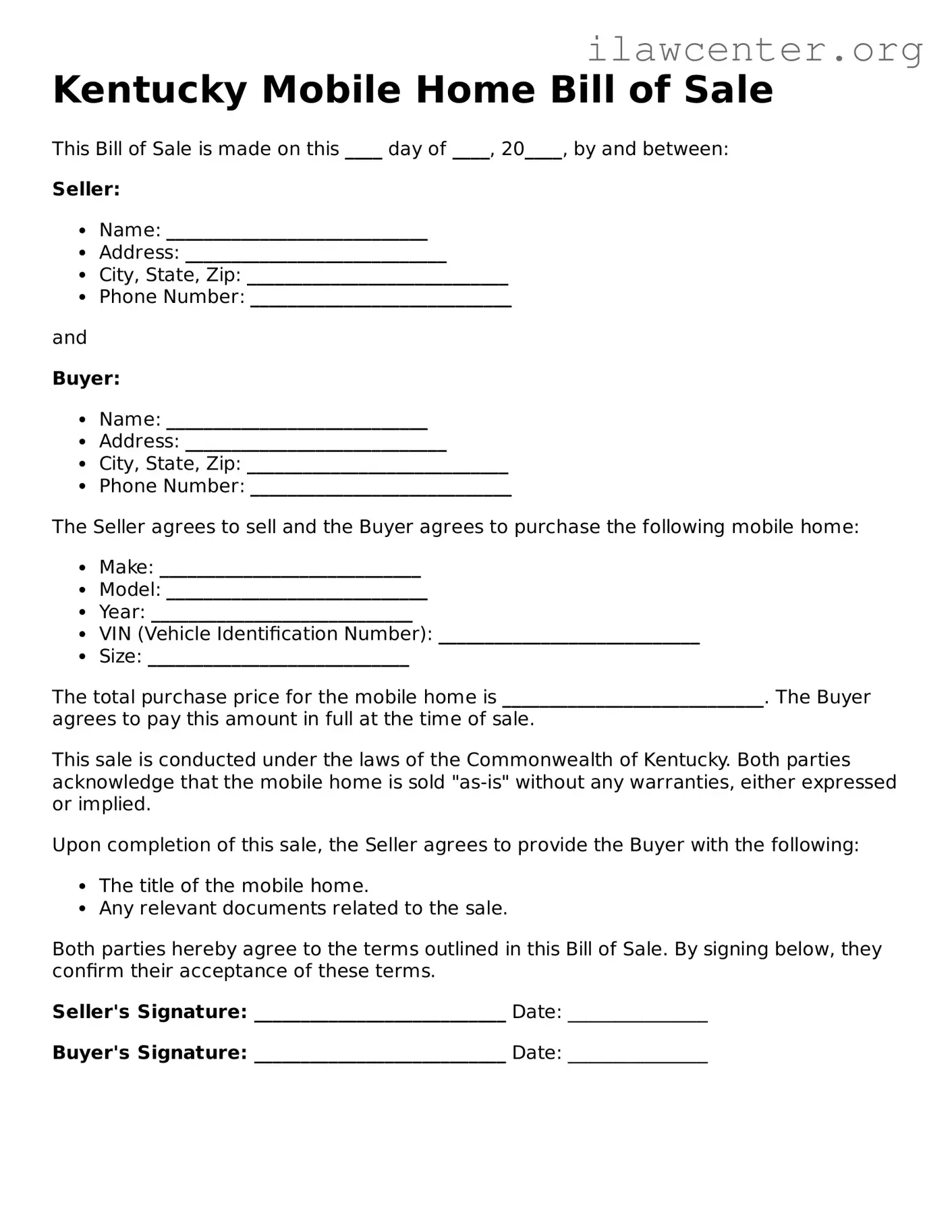 Attorney-Verified  Mobile Home Bill of Sale Document for Kentucky
