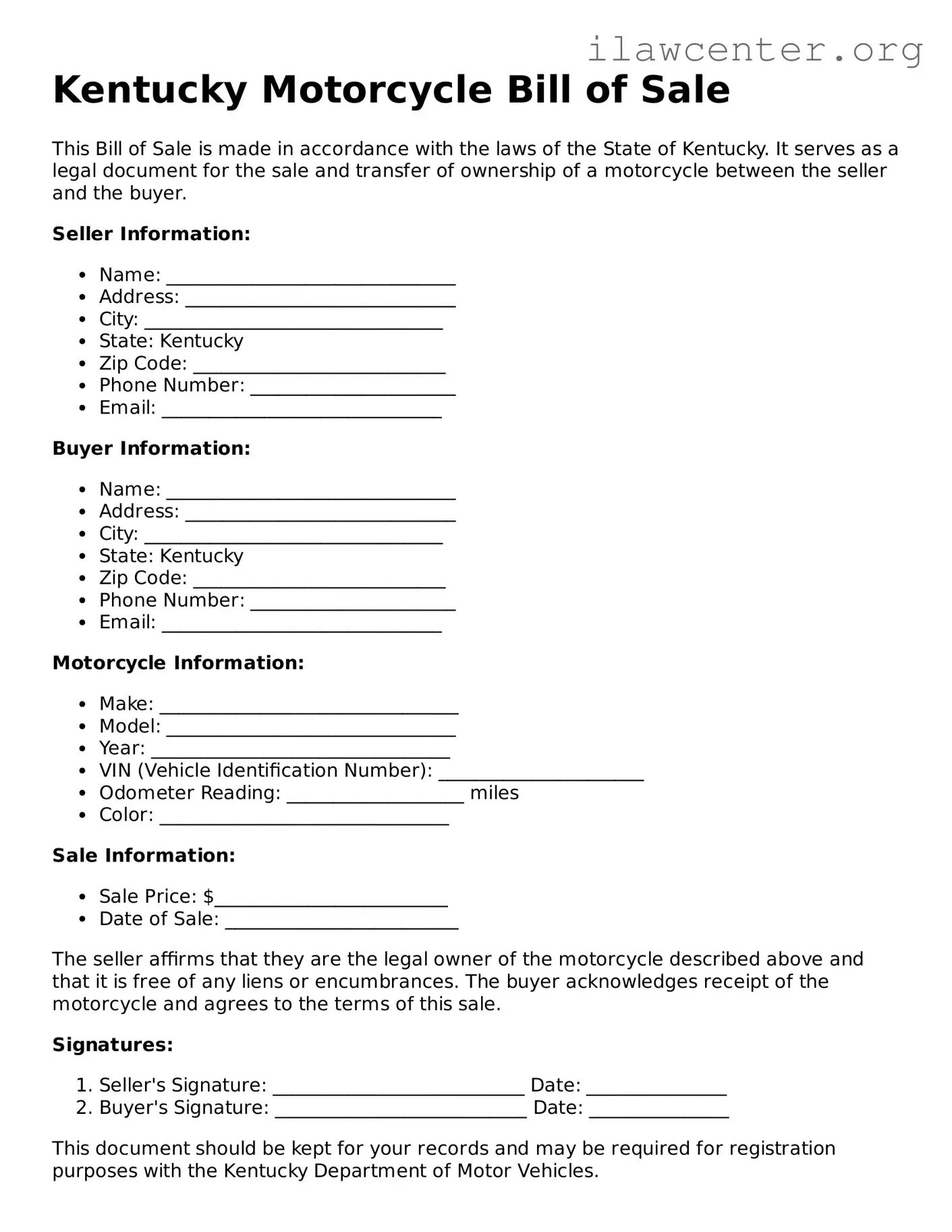 Attorney-Verified  Motorcycle Bill of Sale Document for Kentucky