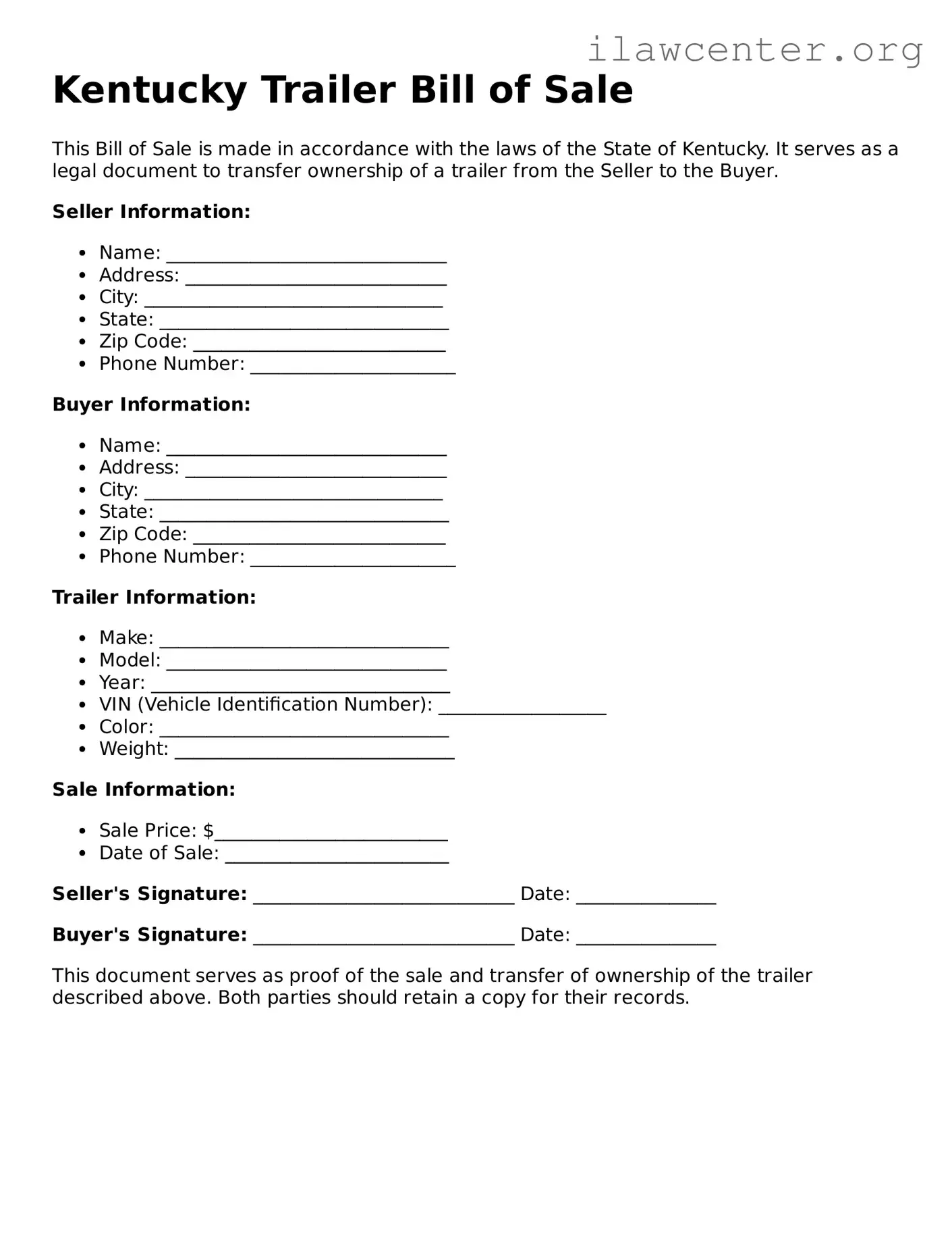 Attorney-Verified  Trailer Bill of Sale Document for Kentucky