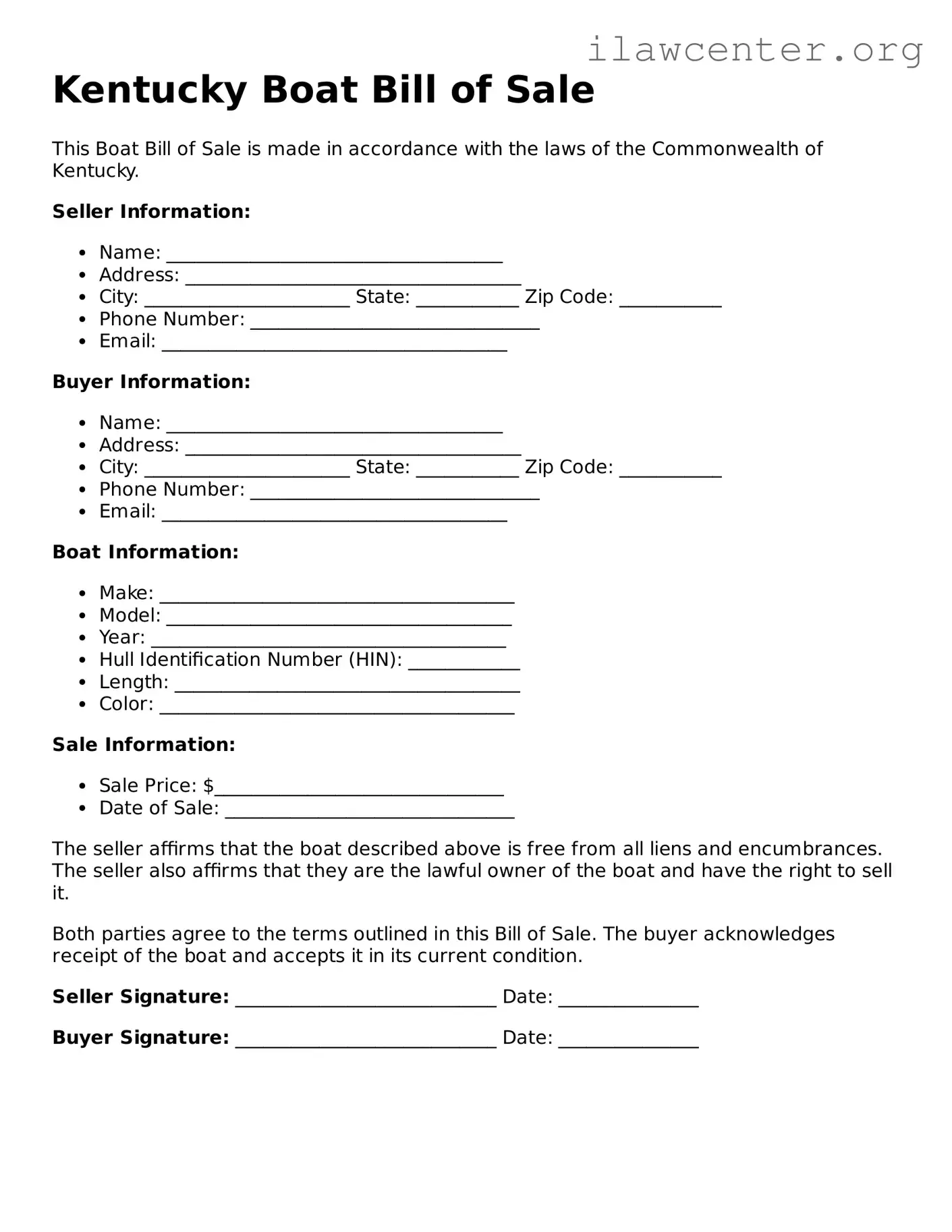 Attorney-Verified  Boat Bill of Sale Document for Kentucky