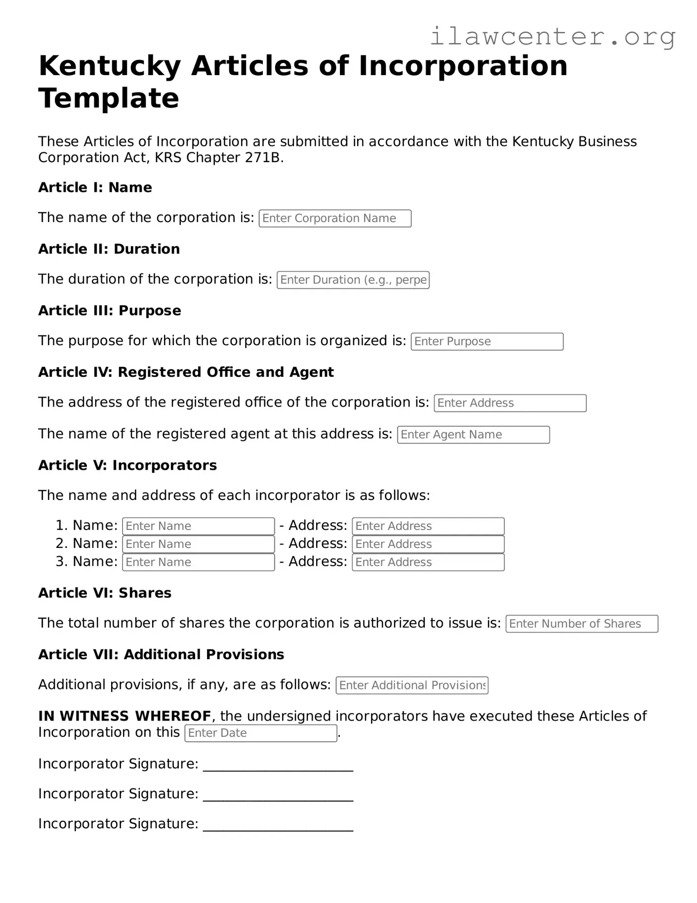 Attorney-Verified  Articles of Incorporation Document for Kentucky