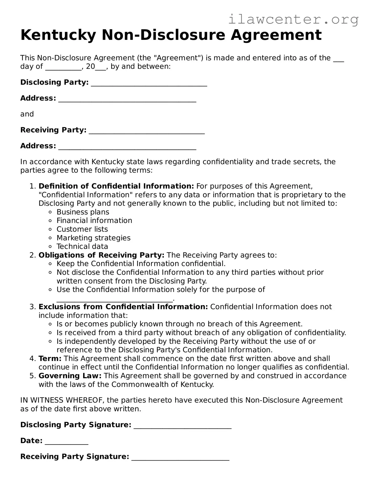 Attorney-Verified  Non-disclosure Agreement Document for Kentucky