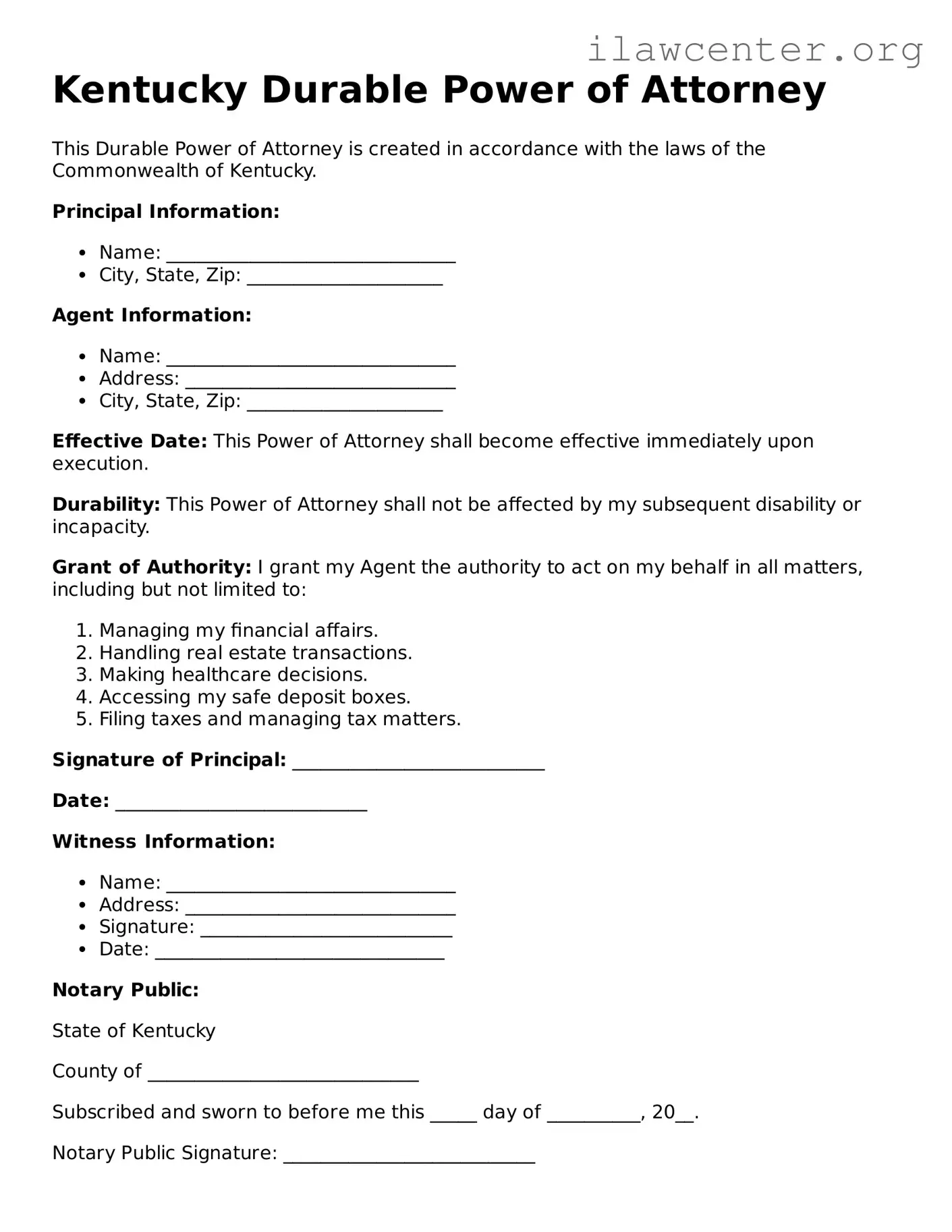 Attorney-Verified  Durable Power of Attorney Document for Kentucky