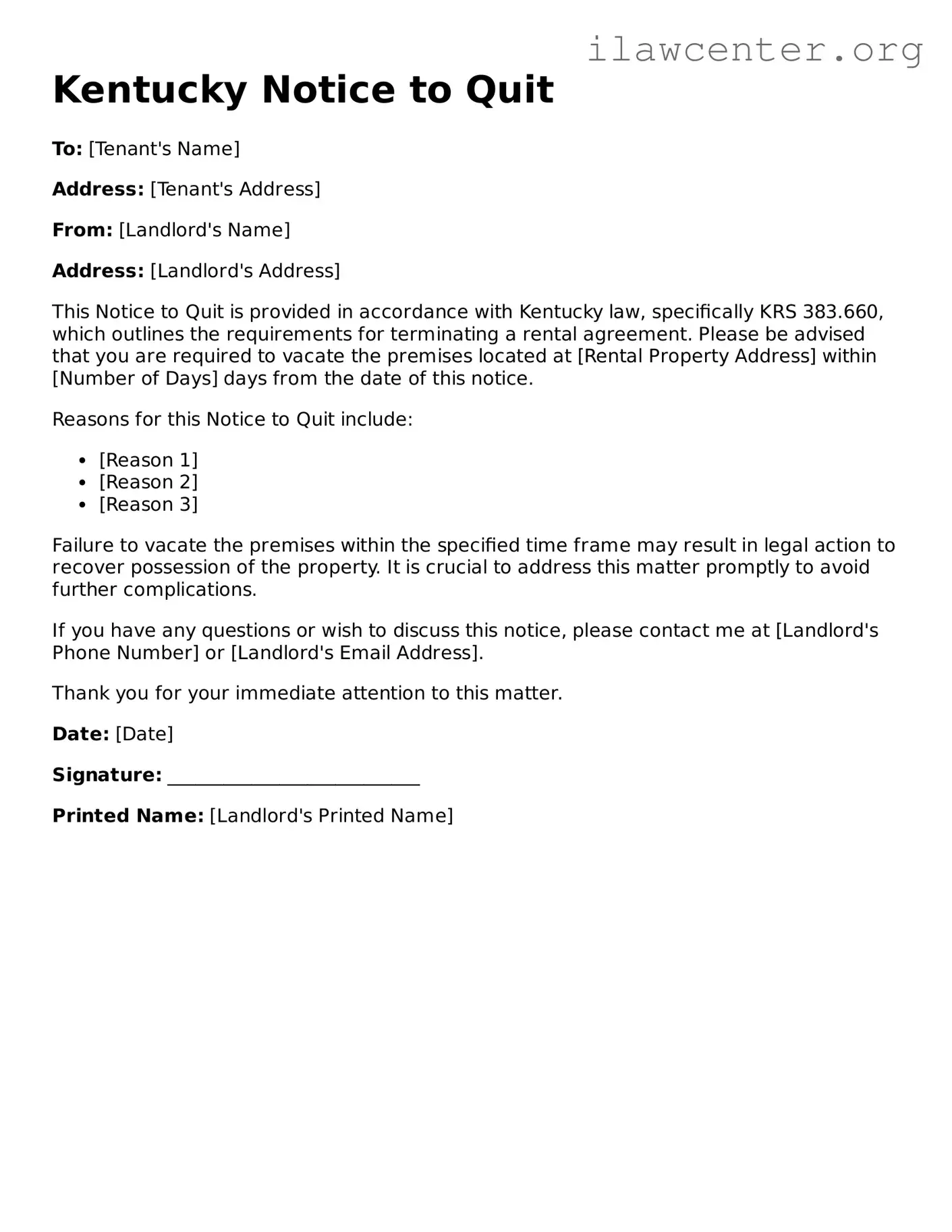 Attorney-Verified  Notice to Quit Document for Kentucky