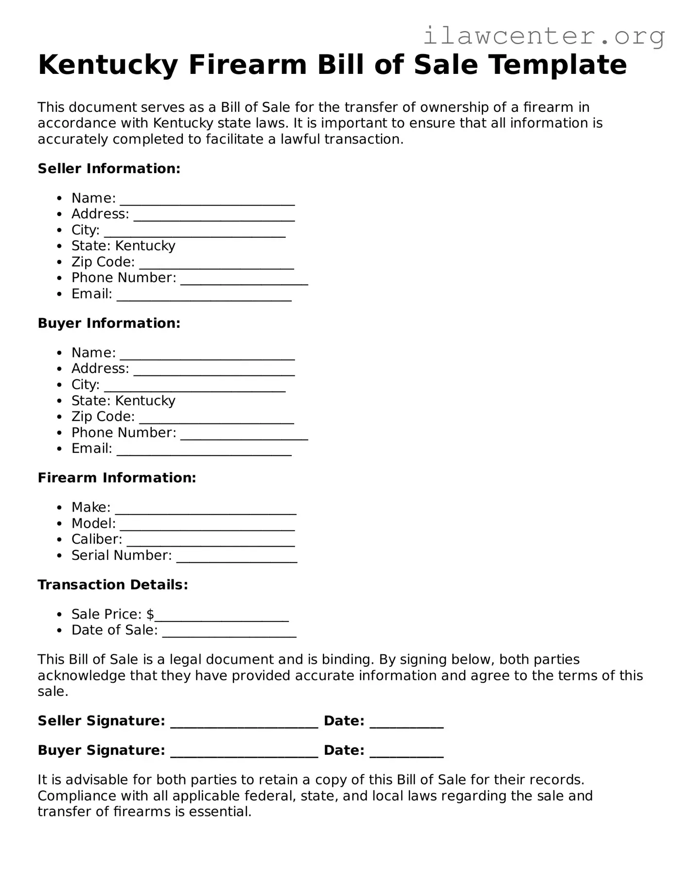 Attorney-Verified  Firearm Bill of Sale Document for Kentucky