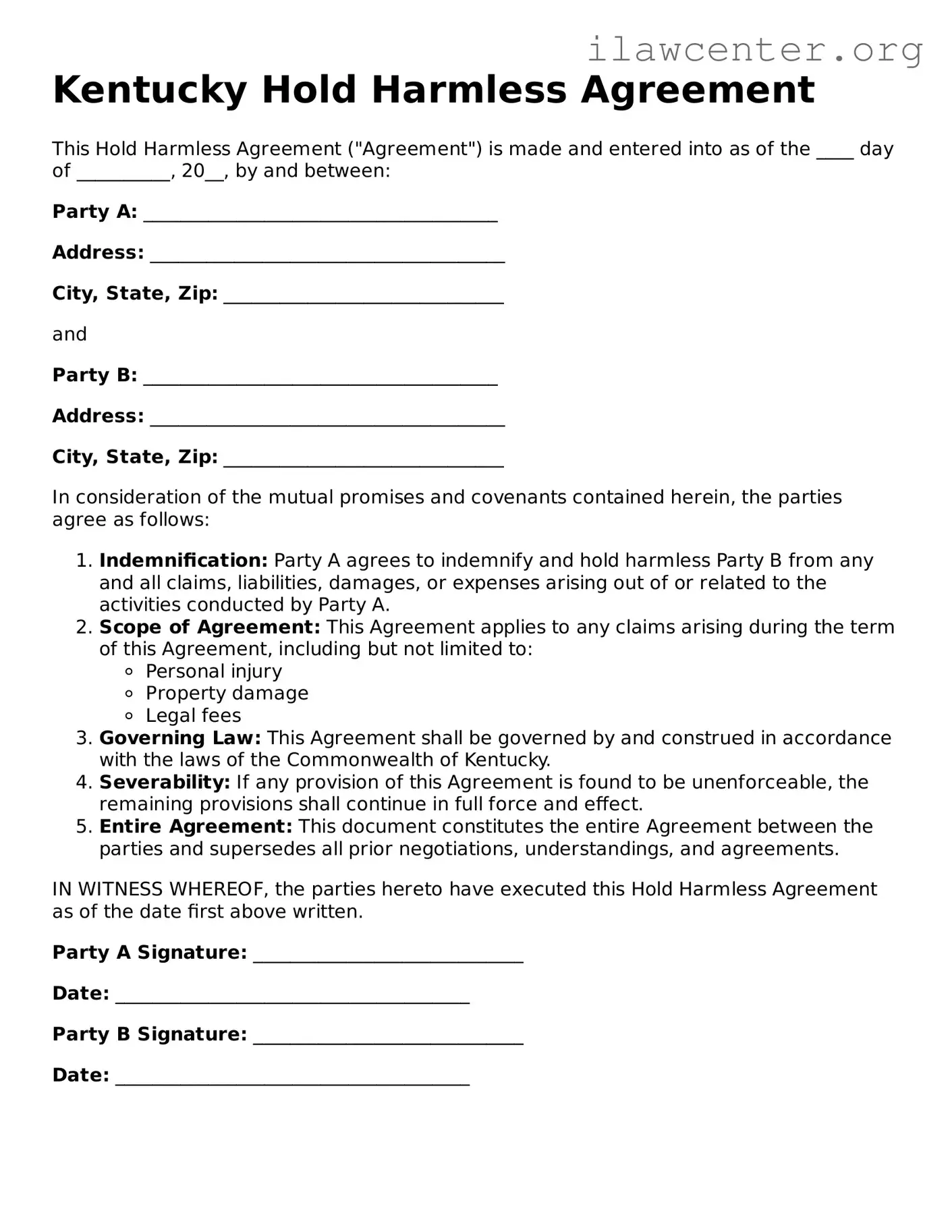 Attorney-Verified  Hold Harmless Agreement Document for Kentucky